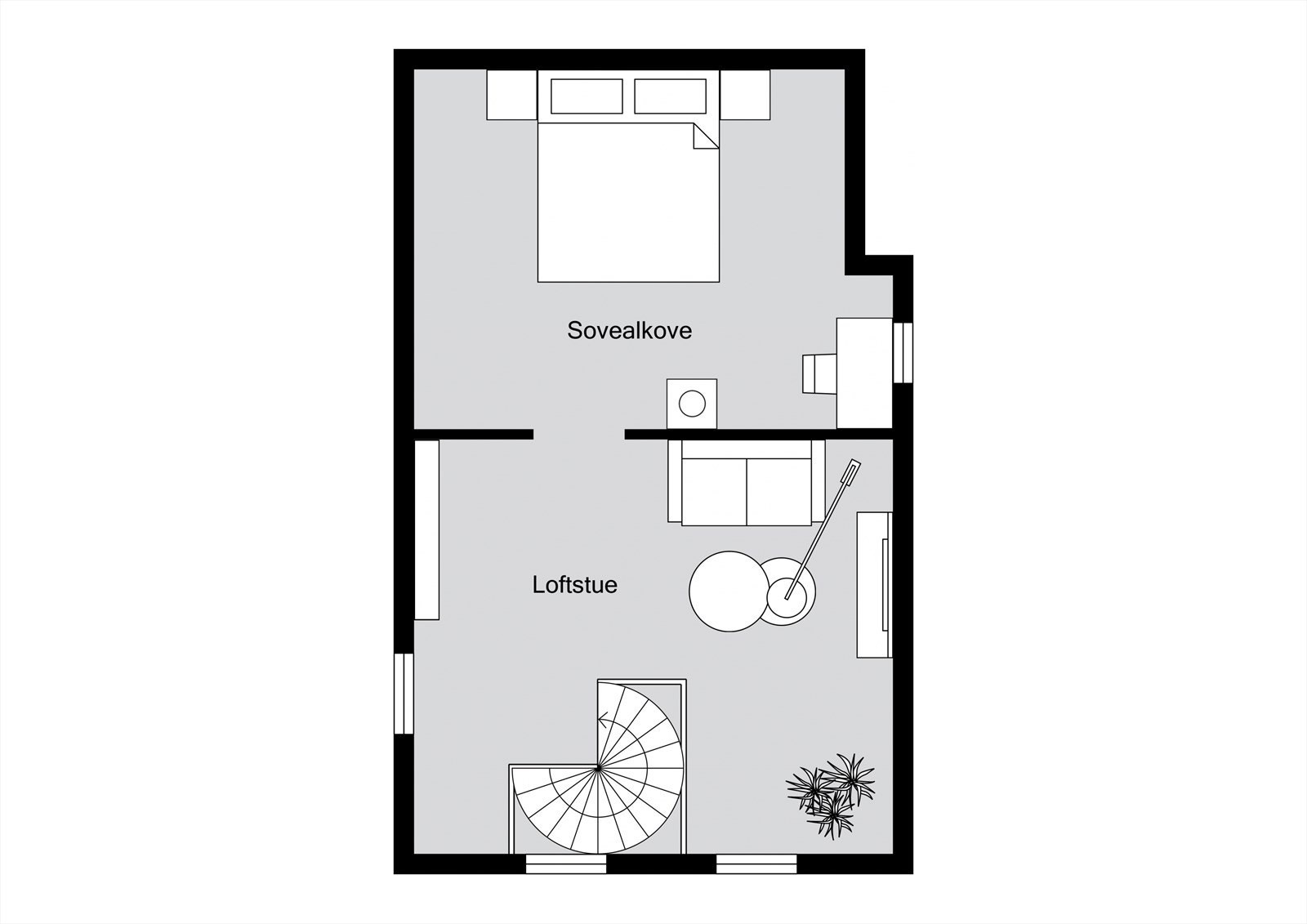 Plantegning loft, tilhørende boenhet 2. Loftet er antatt tilleggsdel (oppholdsrom ikke godkjent). Galleribilde