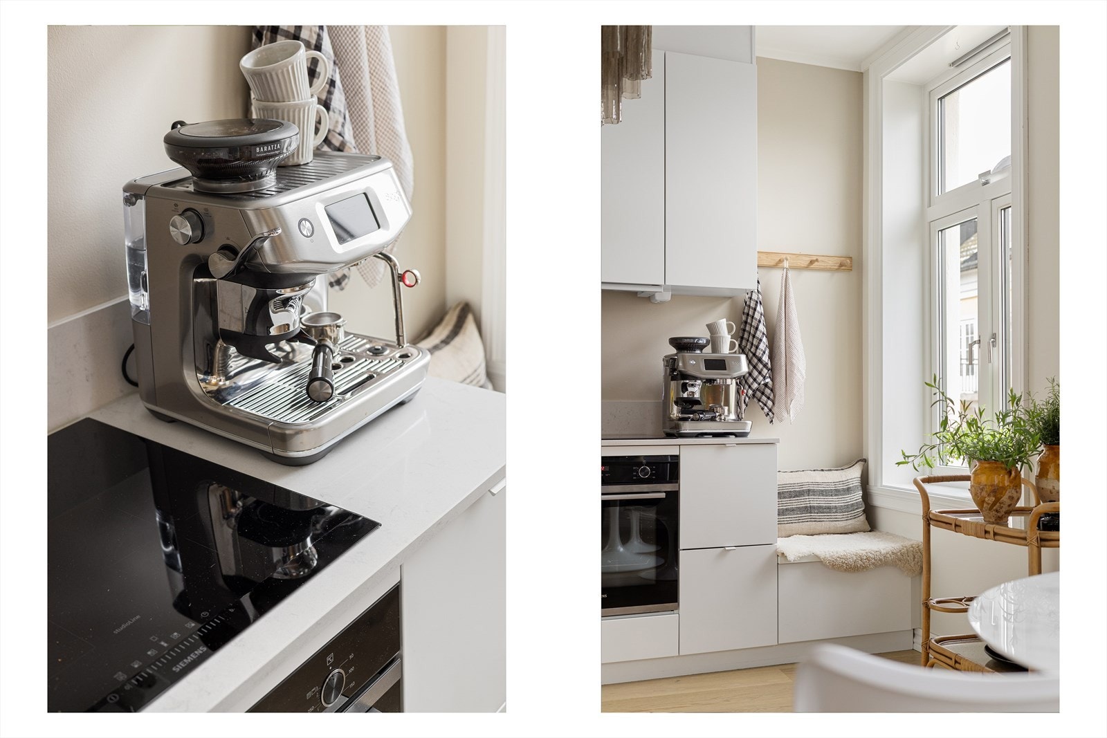 Kjøkkenet har godt med oppbevaringsplass, samt rikelig med benkeplass. Koselig liten sitteplass hvor morgenkaffen kan nytes i fred og ro Galleribilde