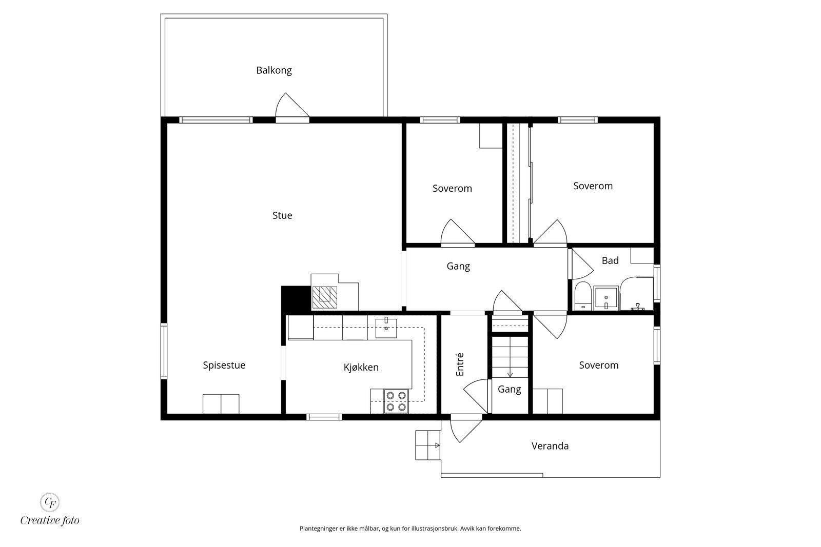 1. etasje bestrår av entré, stue, kjøkken, bad, trapperom, kott og 3 soverom. Galleribilde