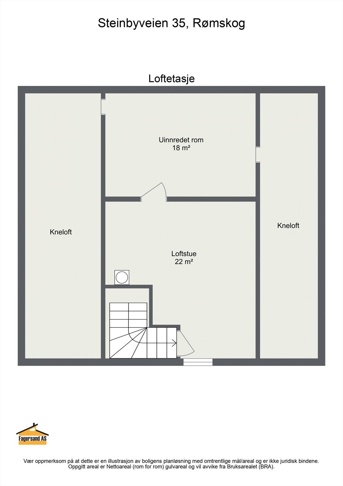 Boligen har en et innredet rom i loftsetasjen. Loftet er ikke søkt bruksendret, og fremkommer som uinnredet på tegninger. Galleribilde