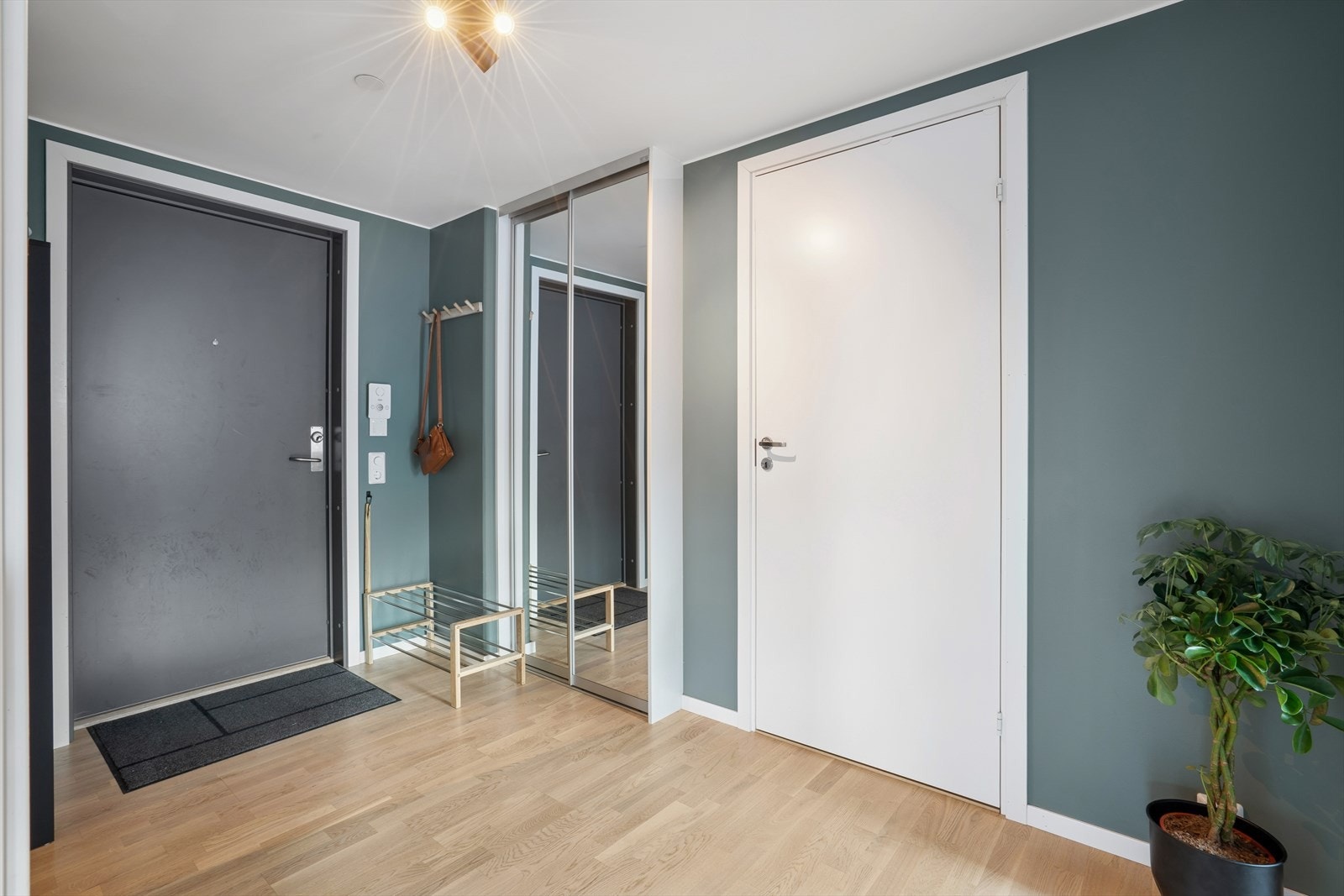 Lys, romslig og innbydende entré malt i en dus og moderne farge som skaper en behagelig atmosfære. Speil-/skyvedørsgarderoben gir rikelig med oppbevaringsplass til både yttertøy og sko. Galleribilde