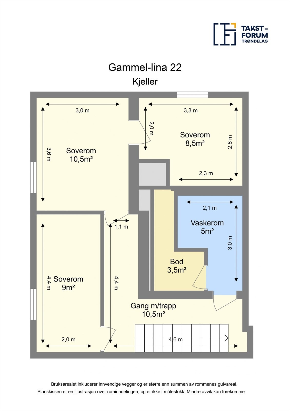 Ta en titt på planskissen og gjør deg kjent med romfordelingen, her fra kjelleretasjen. Galleribilde