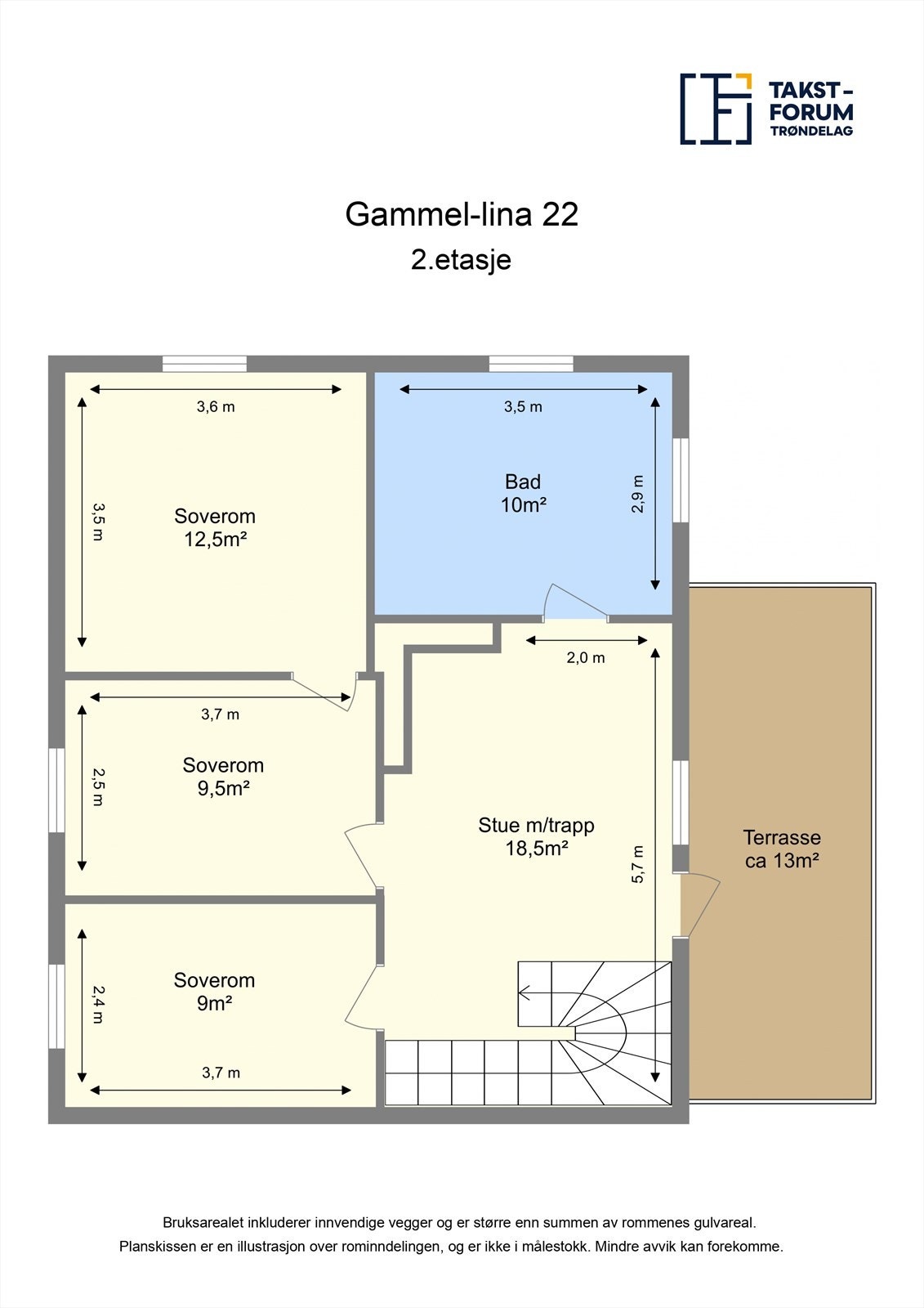 Ta en titt på planskissen og gjør deg kjent med romfordelingen, her fra 2.etasjen. Galleribilde
