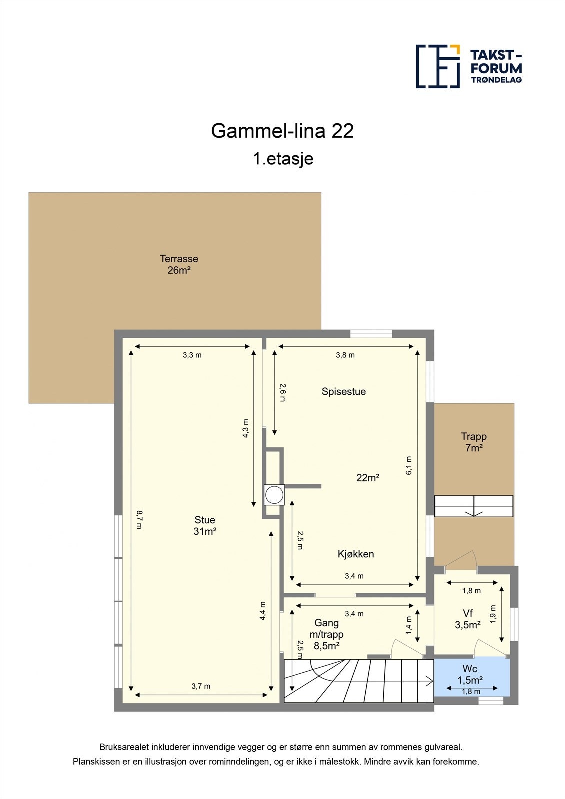Ta en titt på planskissen og gjør deg kjent med romfordelingen, her fra 1.etasjen. Galleribilde