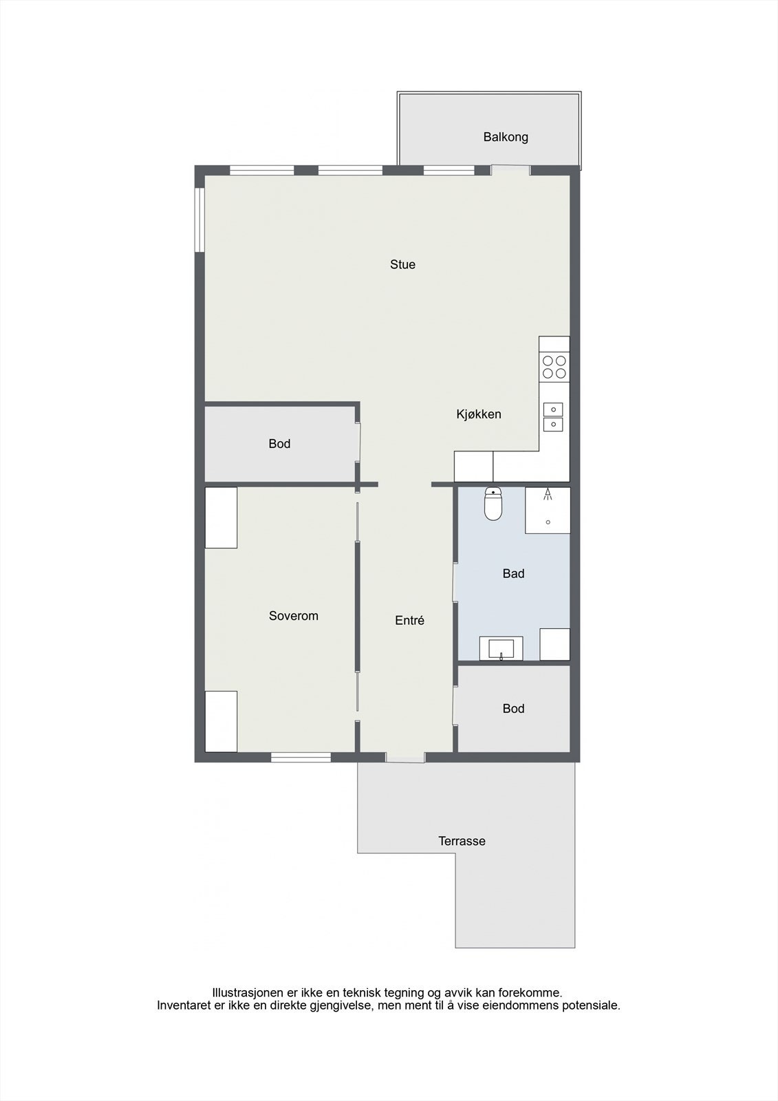 Leiligheten har en arealeffektiv planløsning på 50 m² med ett soverom, to verandaer og gode lagringsmuligheter. Galleribilde