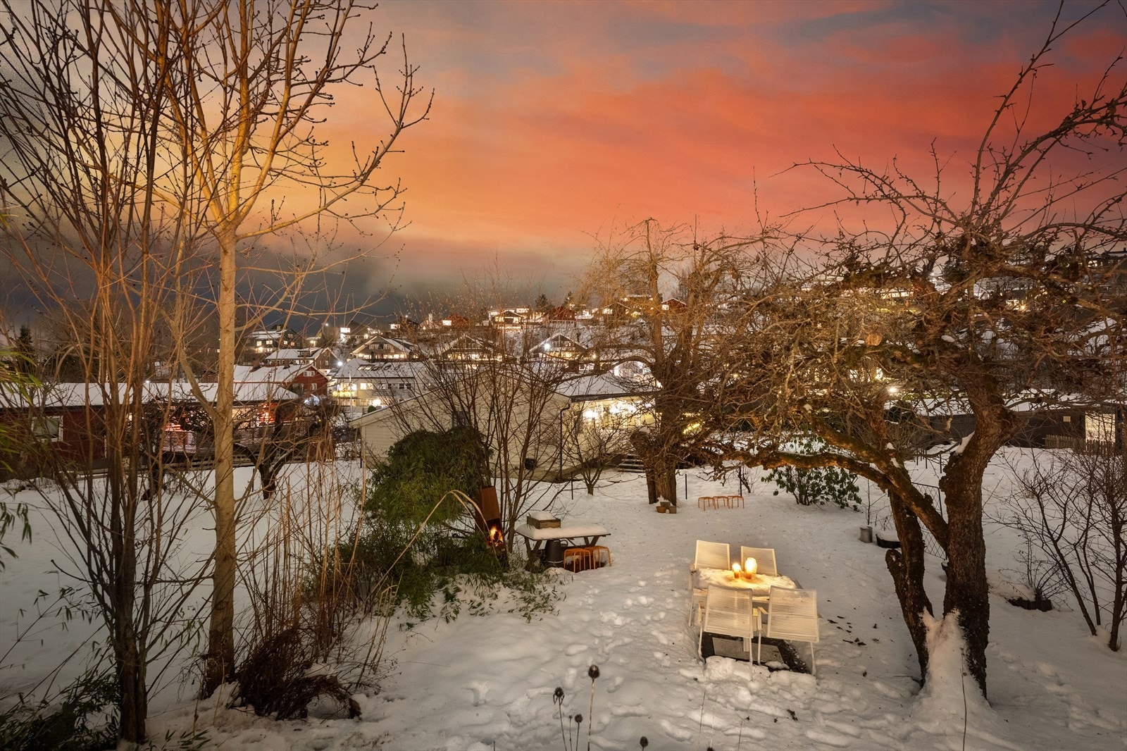 Vakker og usjenert hage med epletre, piltre og staudebed. Galleribilde