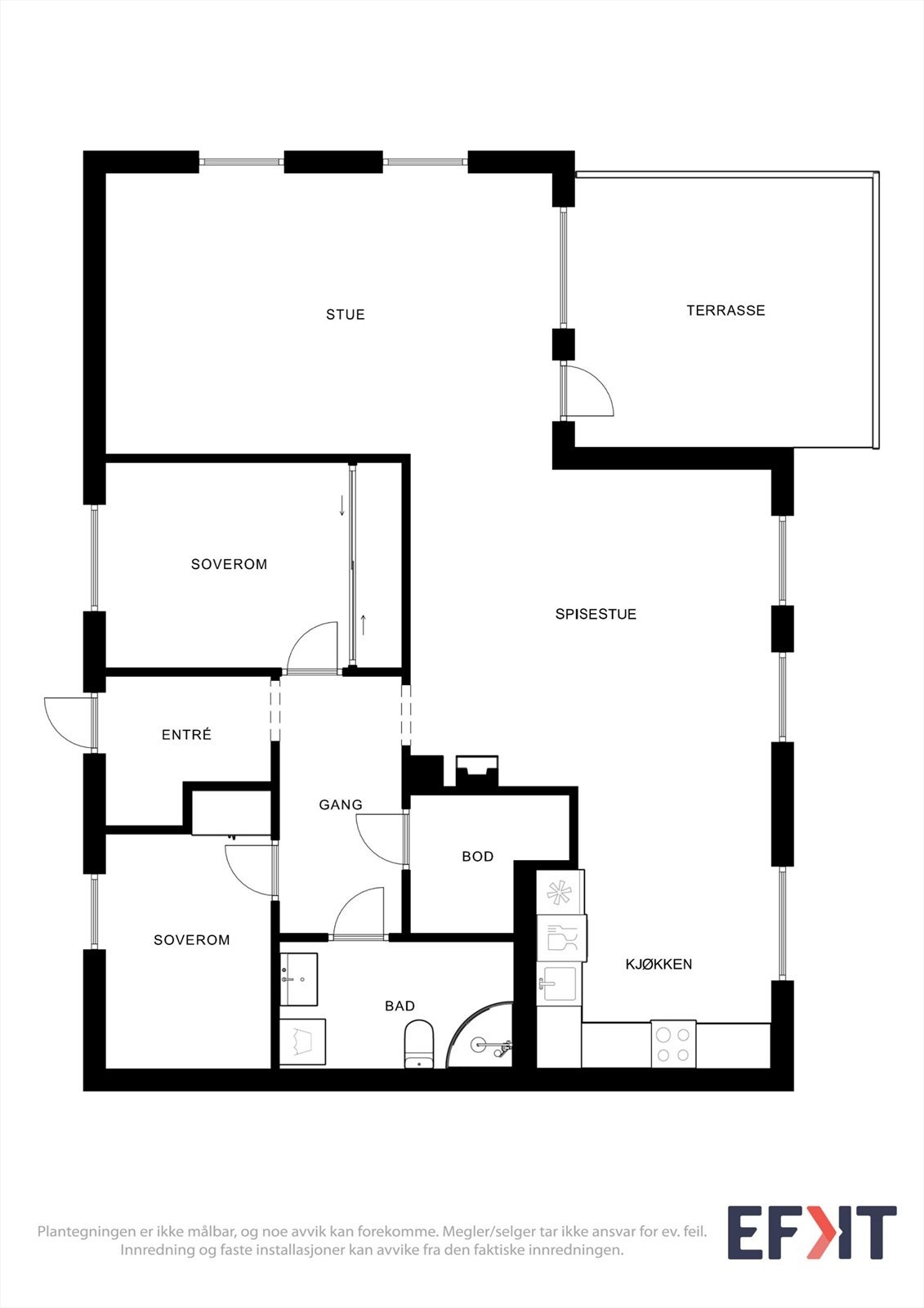 Leiligheten har en arealeffektiv planløsning med to soverom, separat kjøkken og romslig stue. Galleribilde