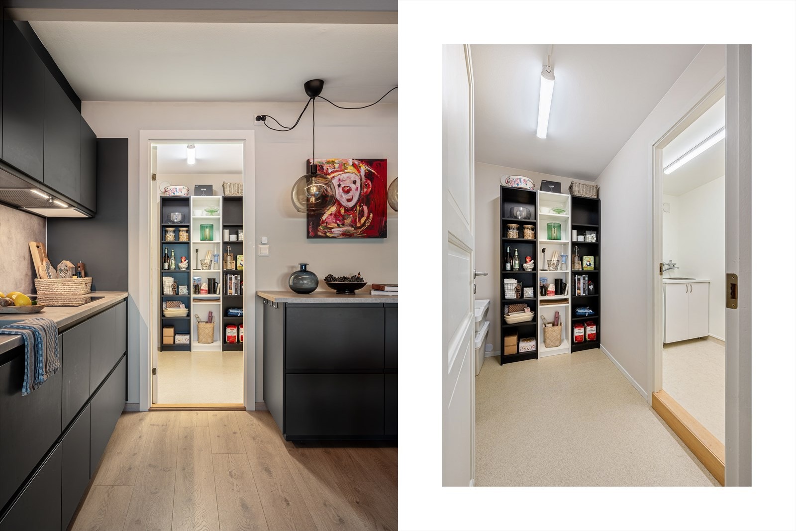 - Vegg-i-vegg med kjøkkenet finner man en bod med god plass til lagring, samt vaskerom - Galleribilde