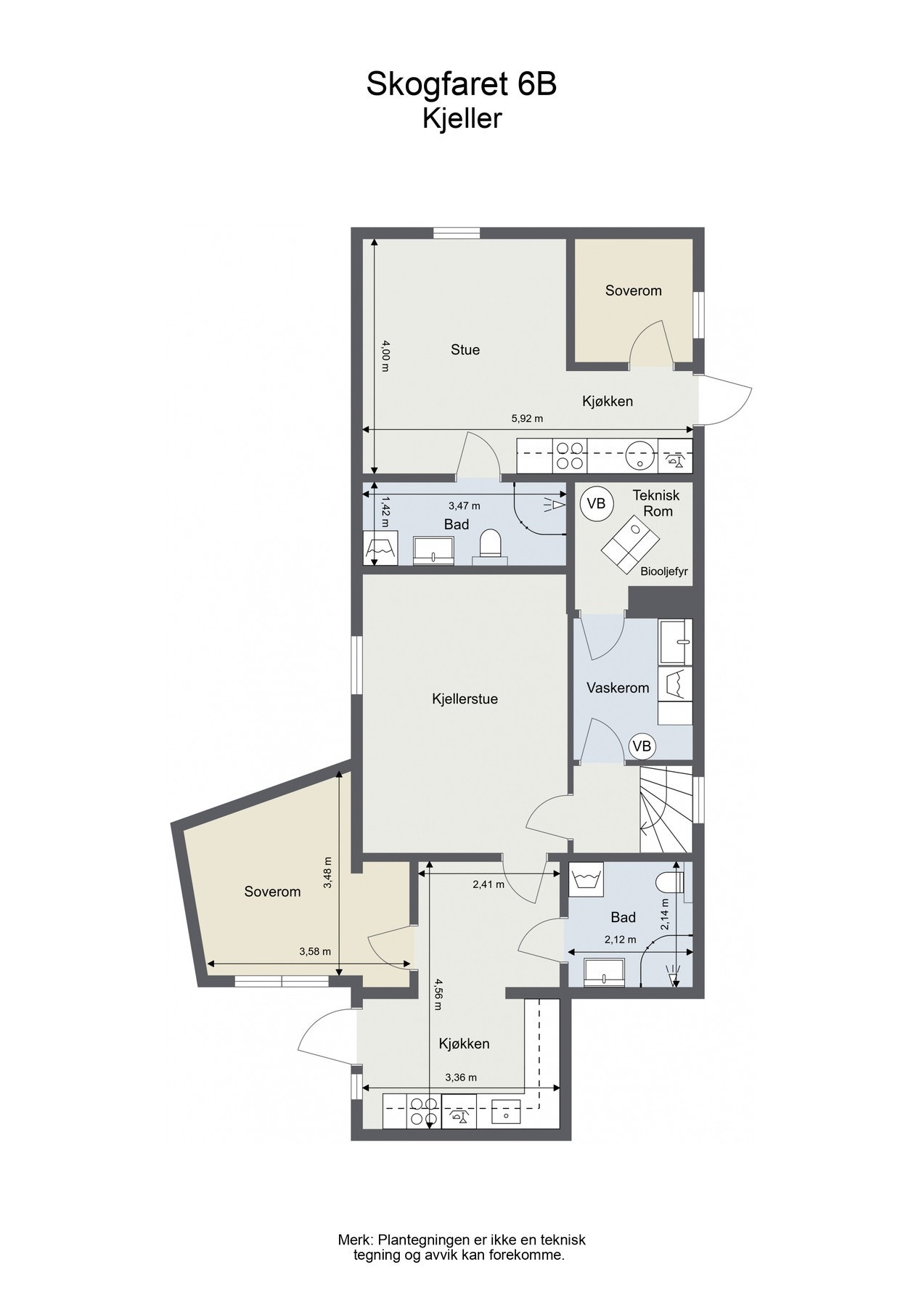 Plantegning - kjeller. Etasjen består av 2 innredede deler med egen inngang. Galleribilde