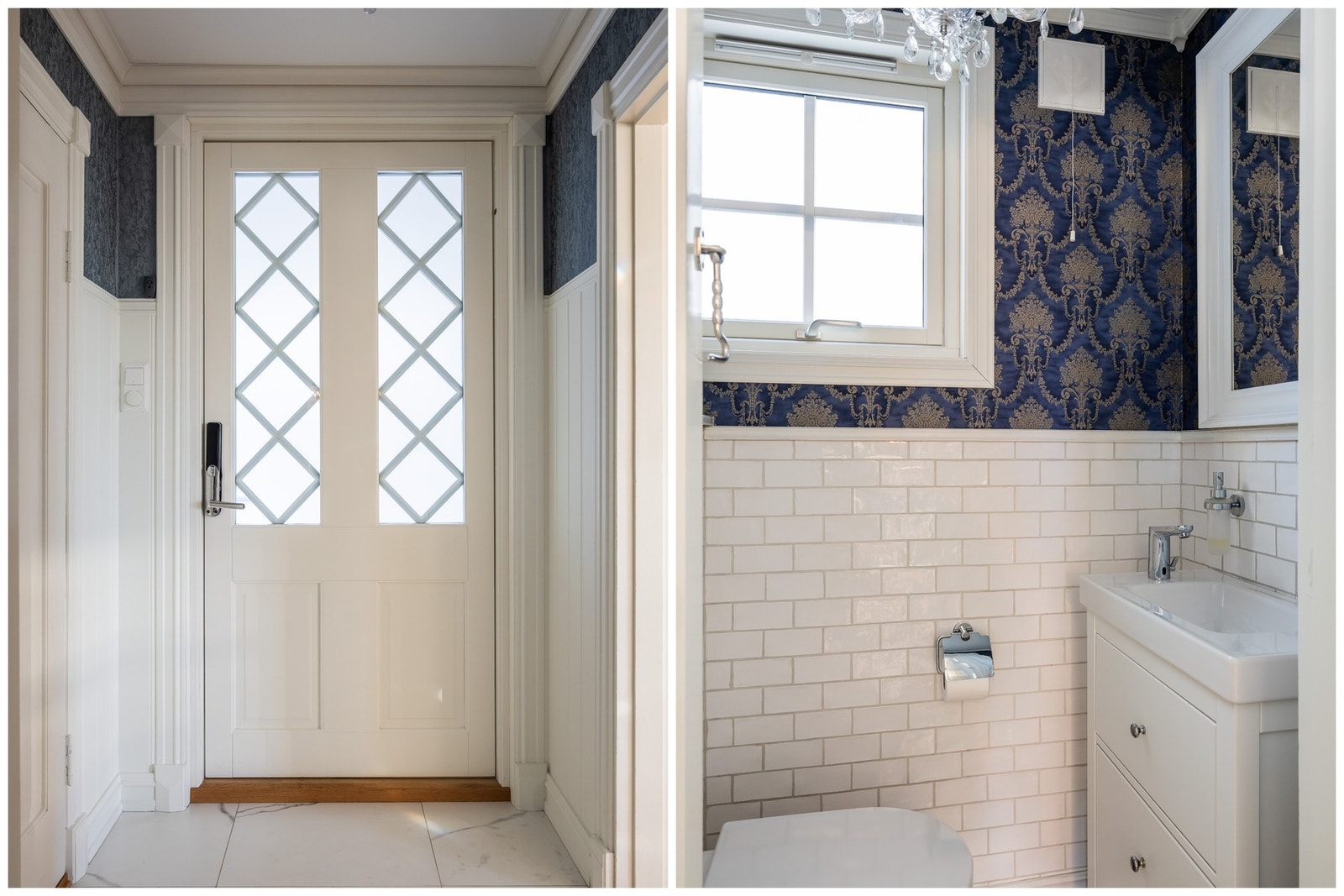 Gjeste-WC-en har også klassiske detaljer, med dekorativt tapet og en elegant lysekrone. Galleribilde