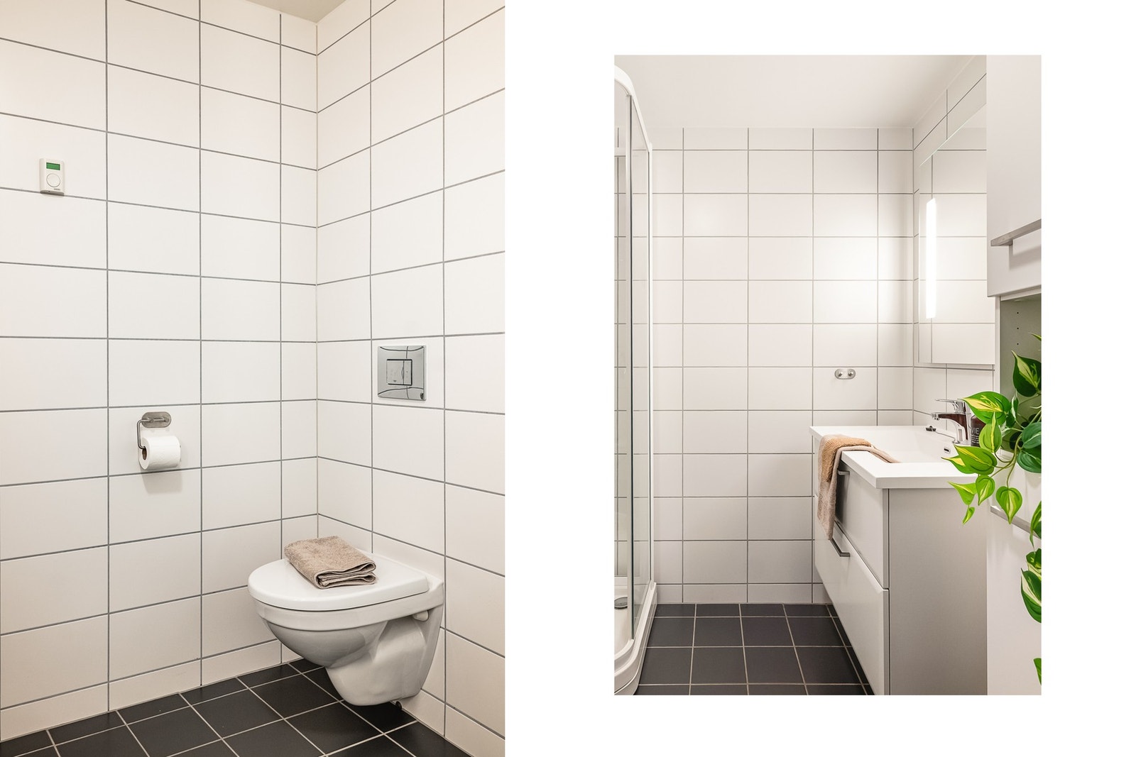 Baderomsinnredningen består av vegghengt toalett, helstøpt servant, skuffer under servant med slette fronter, dusjkabinett. Galleribilde