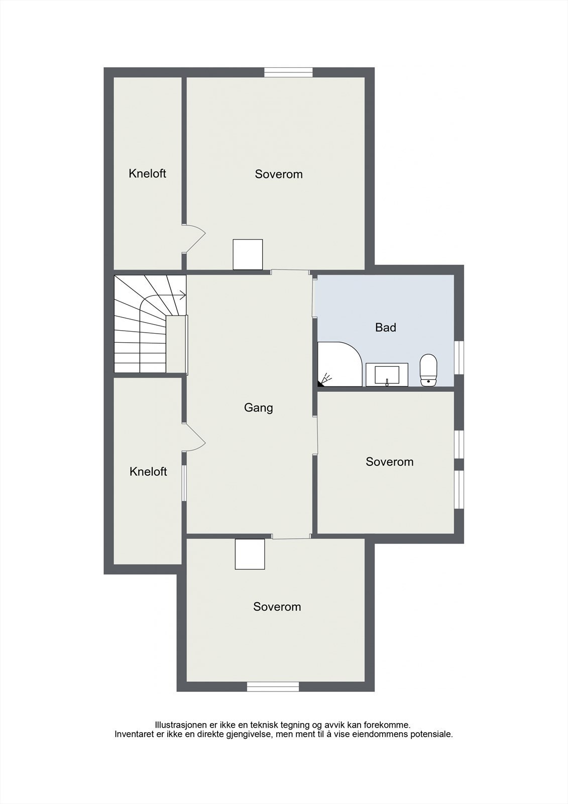 Andre etasje består av tre soverom, bad og en gang med tilgang til knekott for lagring. Galleribilde