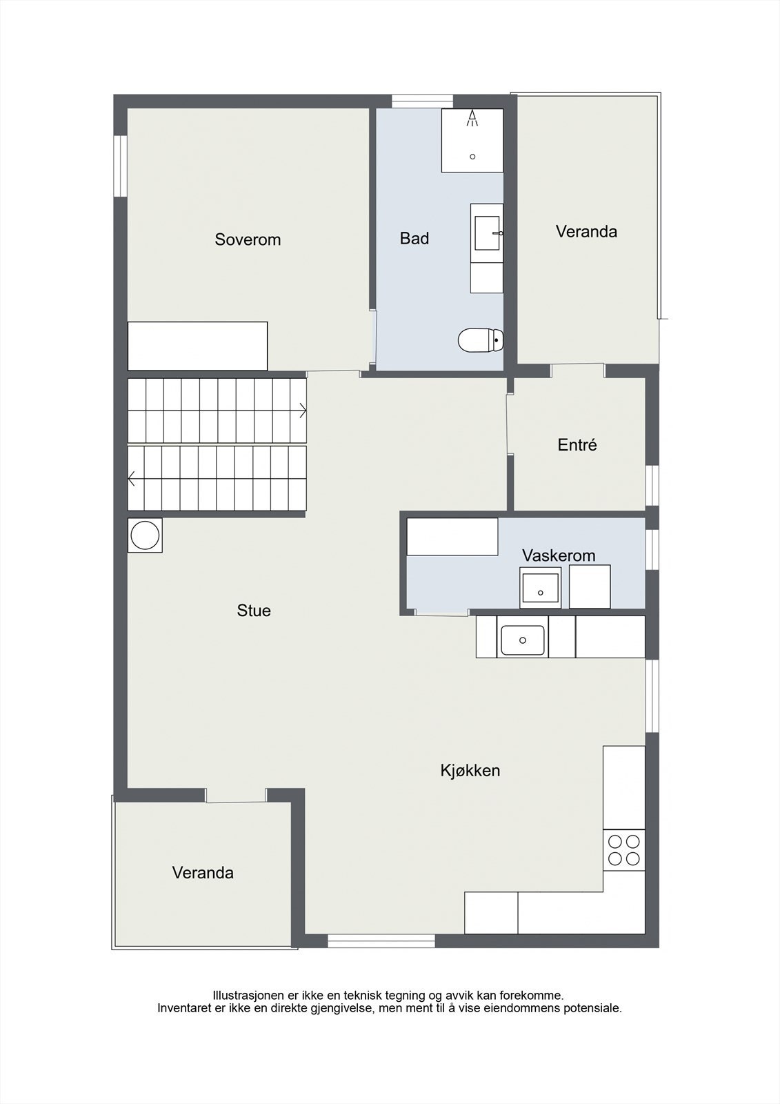Hovedetasjen har en praktisk planløsning med stue, kjøkken, bad, vaskerom og ett soverom. Galleribilde