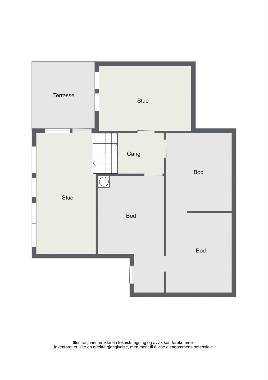 Underetasjen er innredet med to stuer, gang, boder og har utgang til terrasse. Galleribilde