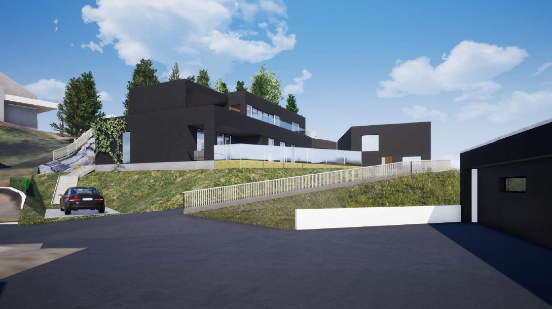 Her se man et utkast til hus sett fra innkjørselen til eiendommene. Galleribilde