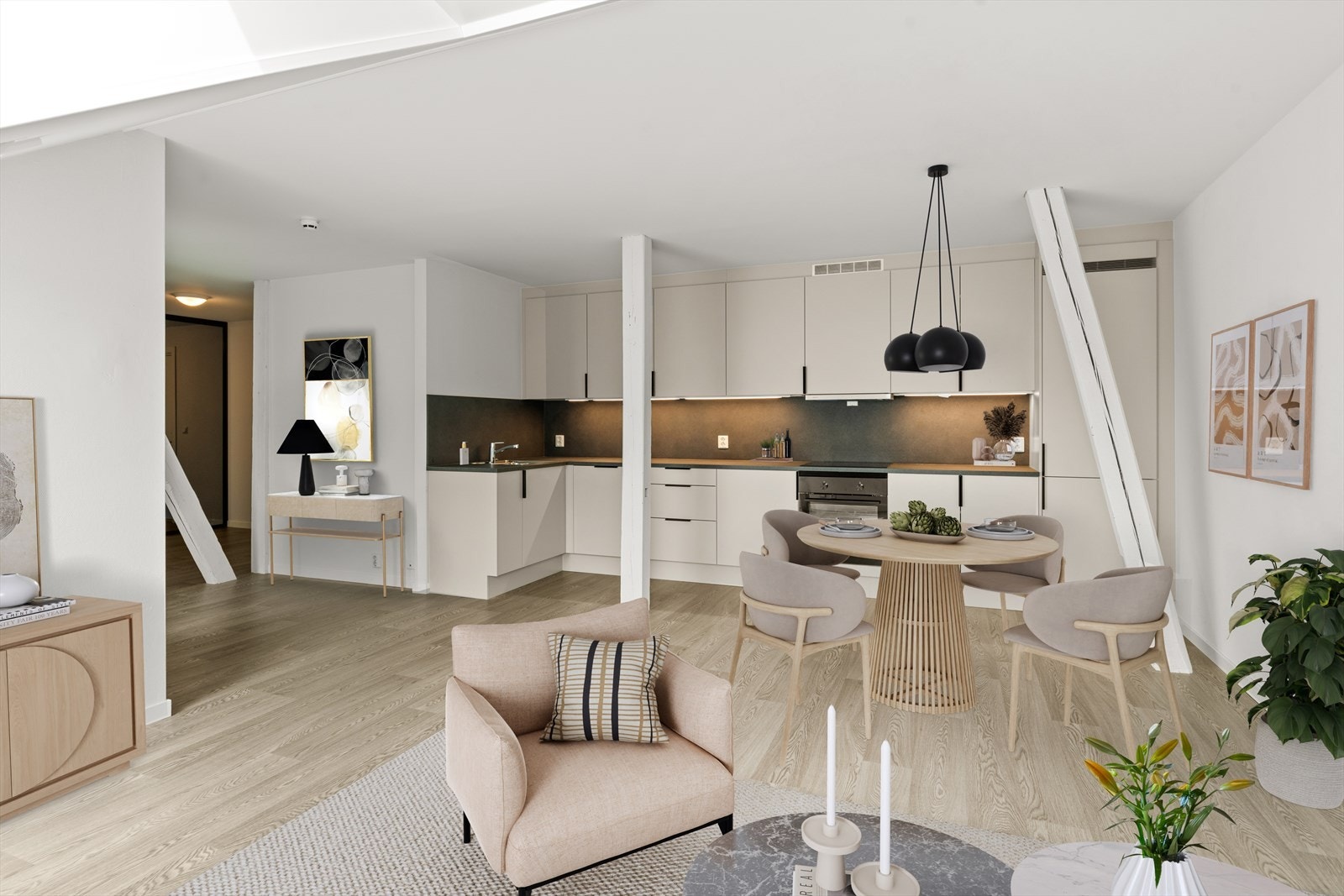 Åpent kjøkken mot stue for sosial løsning (Digital stylet bilde) Galleribilde