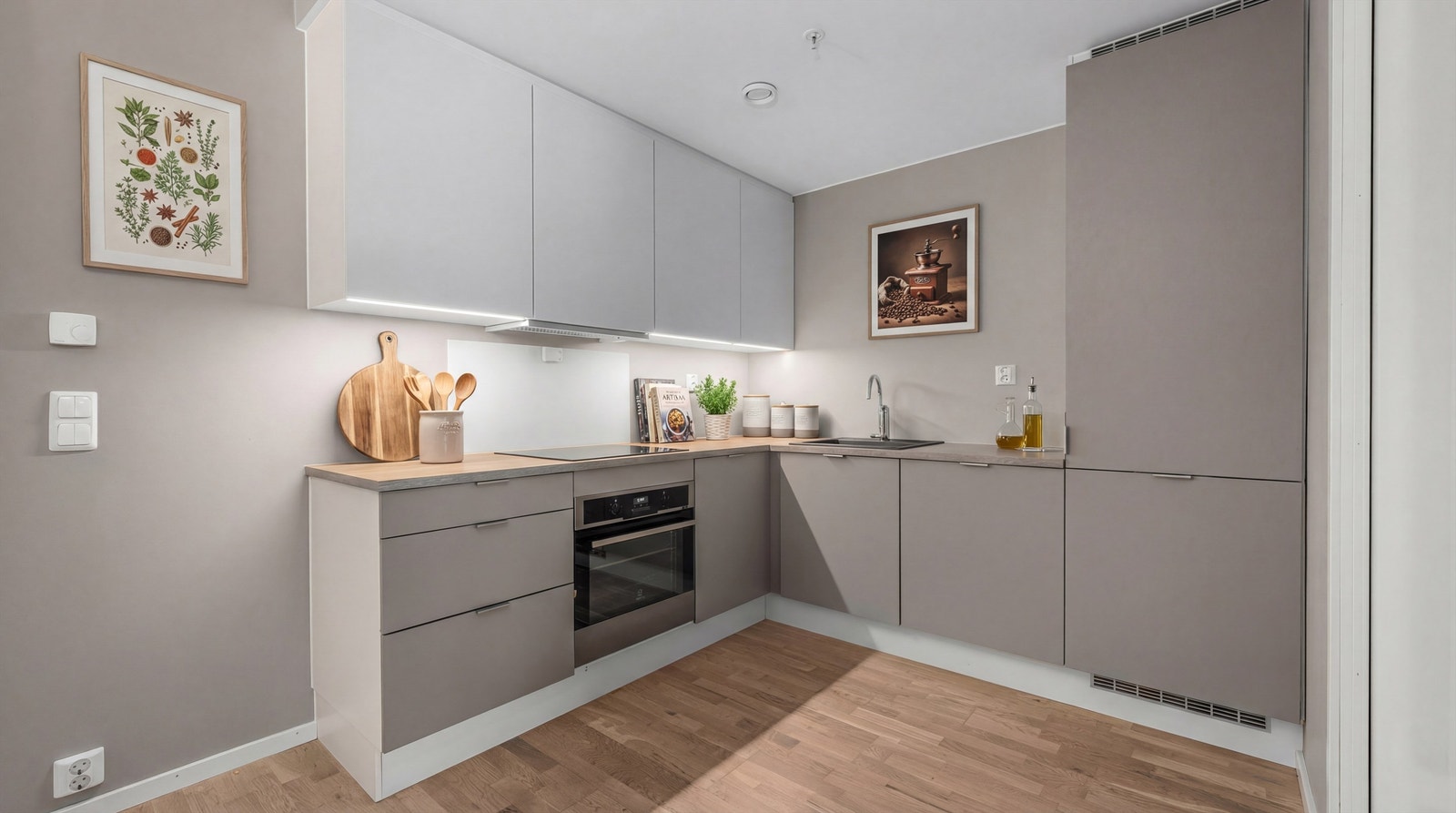 Lekkert kjøkken med integrerte hvitevarer. Digitalt stylet bilde. Galleribilde