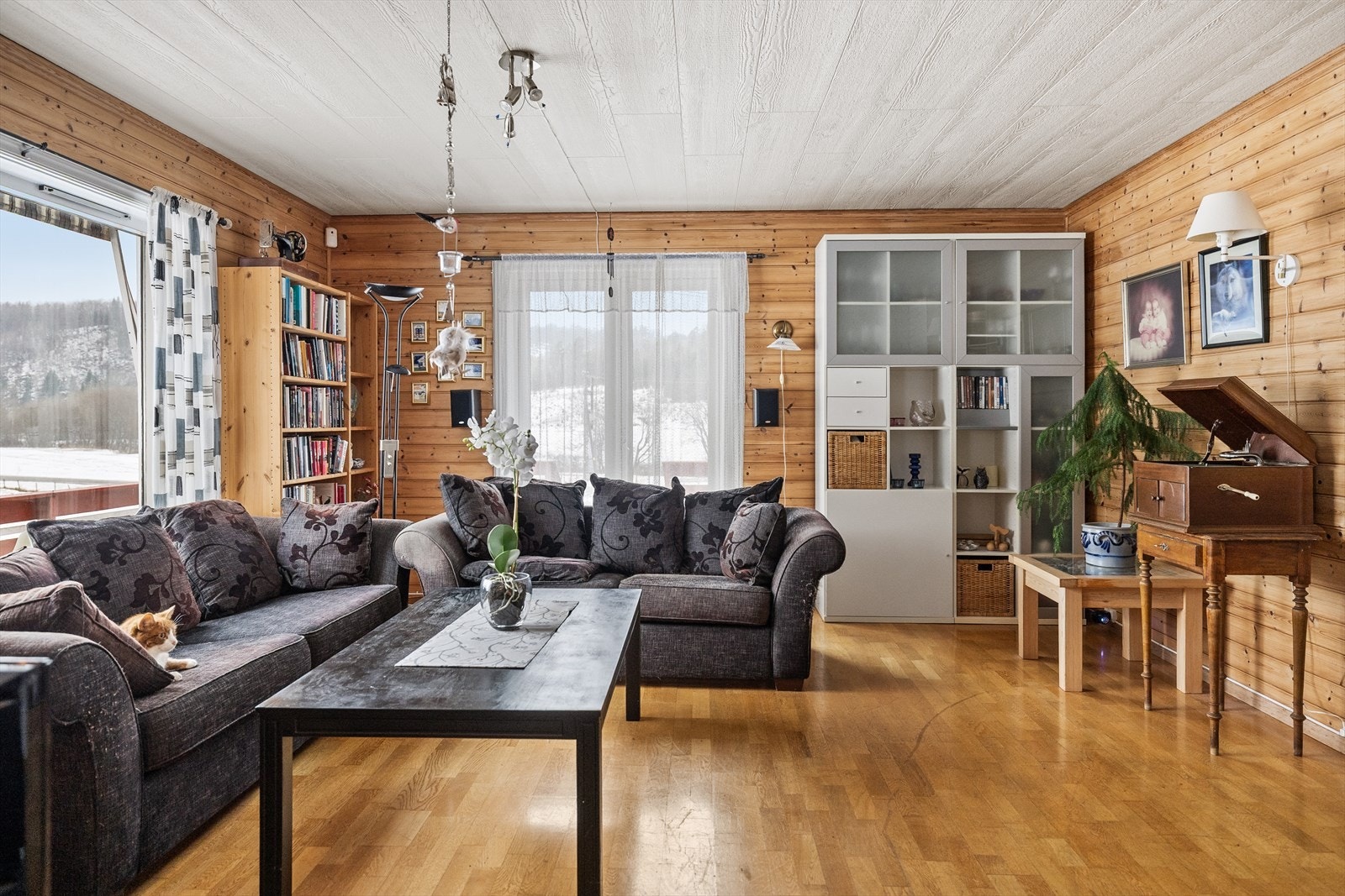 Stor stue med utgang til solrik veranda med svømmebasseng. Galleribilde