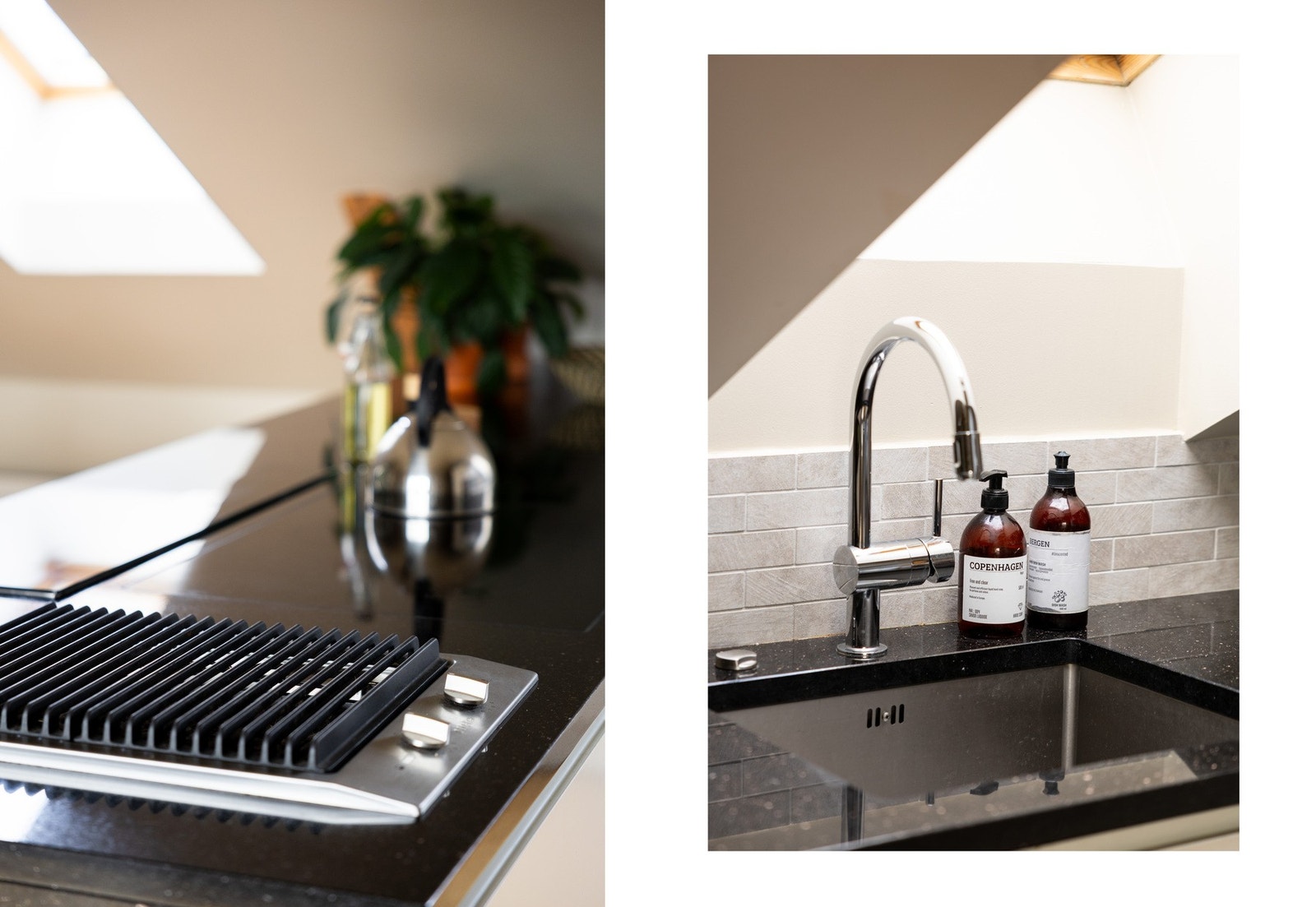 Benkeplater av stein med underlimt oppvaskkum samt nedfelt induksjonstopp og nedsenkbar kjøkkenventilator. Galleribilde