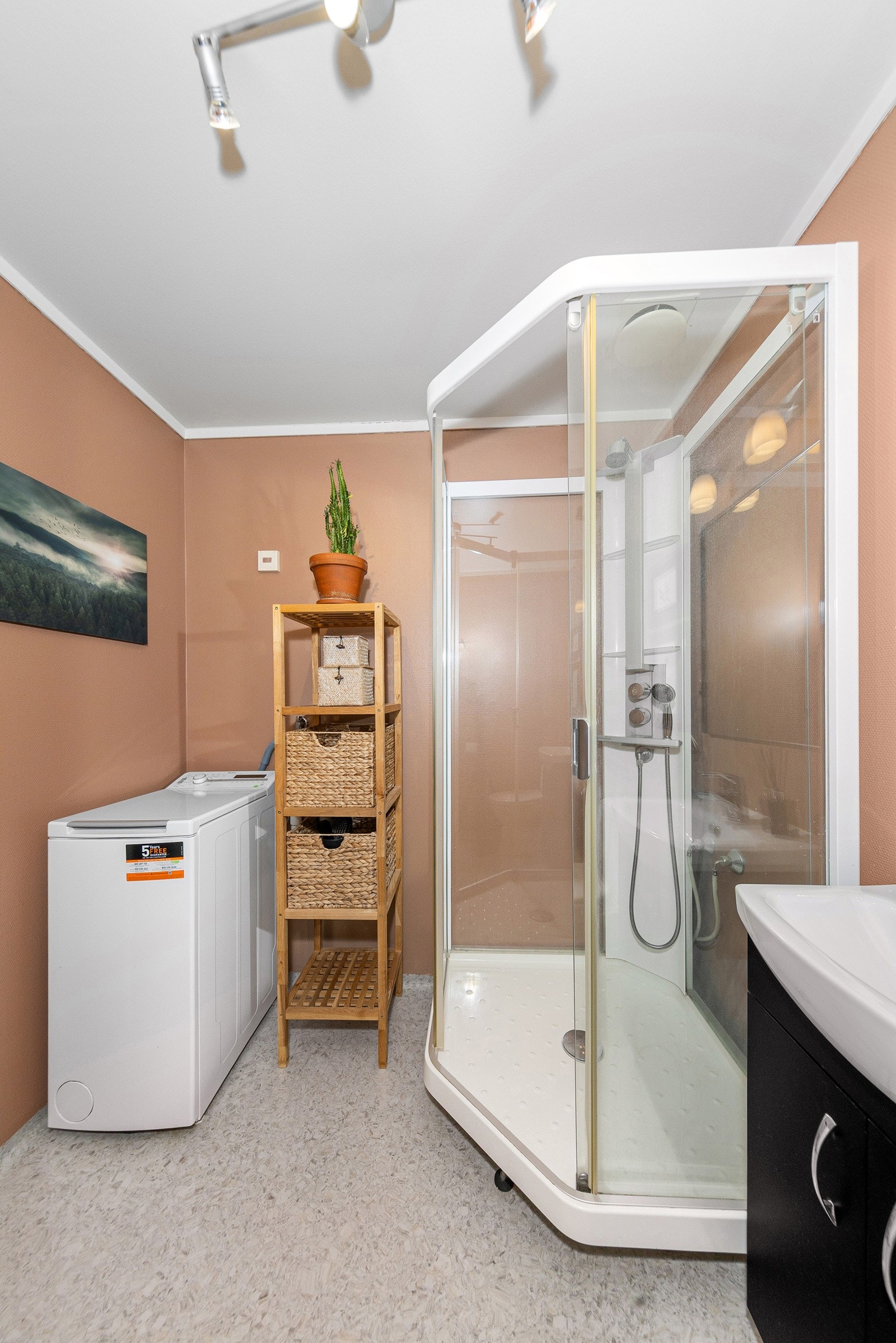 Dusjkabinett, servant med underskap og speil, toalett og opplegg for vaskemaskin Galleribilde