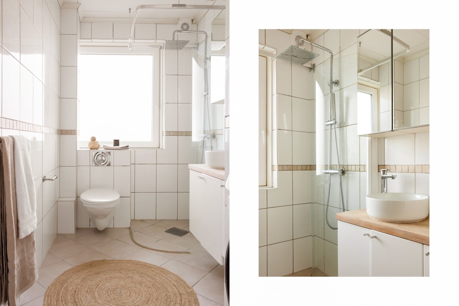 Badet er utstyrt med vegghengt toalett, dusj, servant med innredning og vaskemaskin. Galleribilde