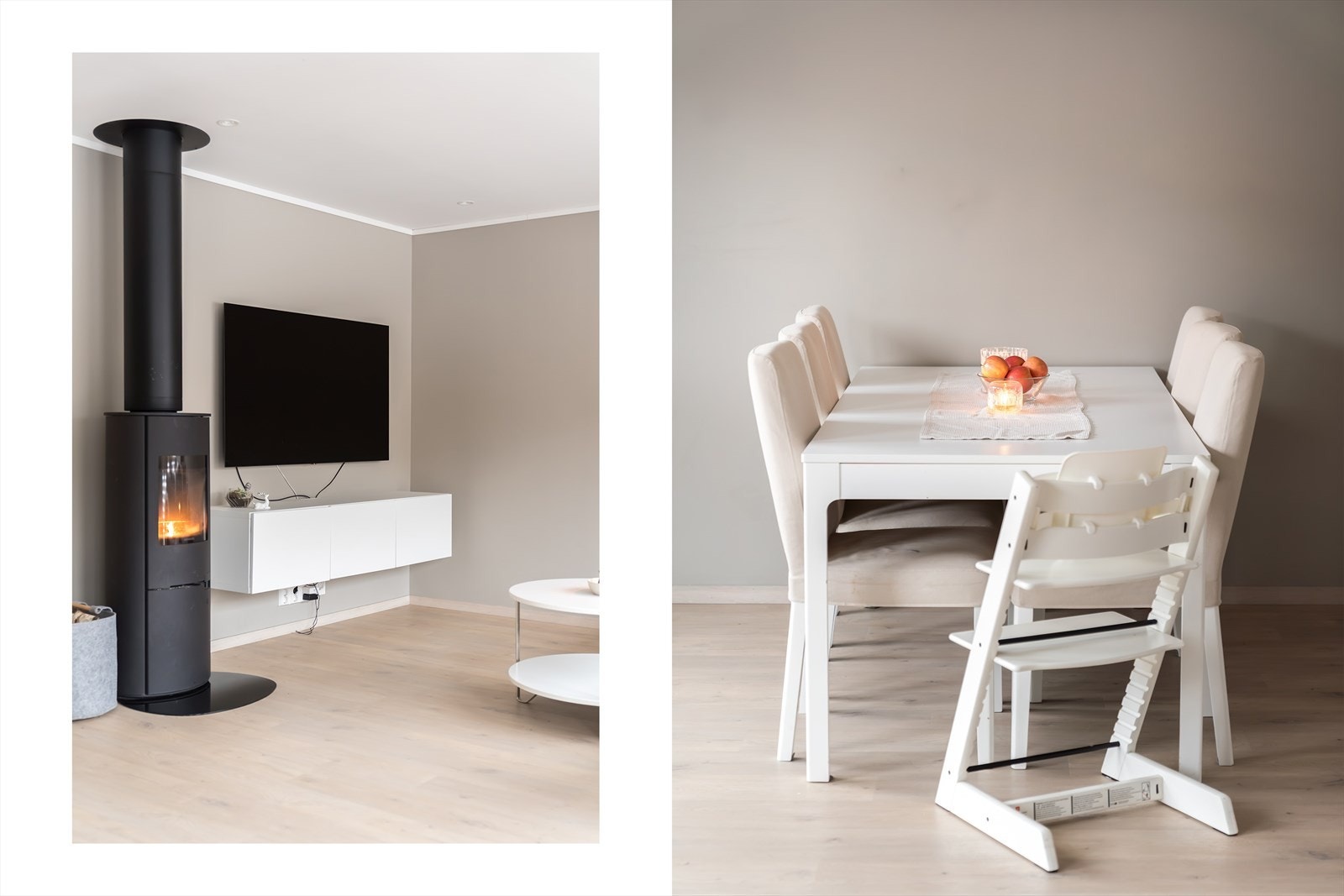 Med både peisovn og varmepumpe får man det lunt og godt, og ildstedet er plassert slik at stemningen nytes fra hele rommet. Galleribilde