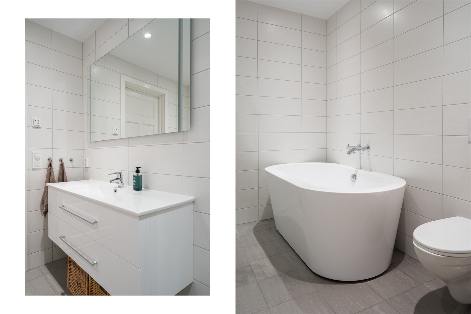 Baderomsinnredningen består av en servant med hvite skuffer og et speil med belysning integrert. Galleribilde