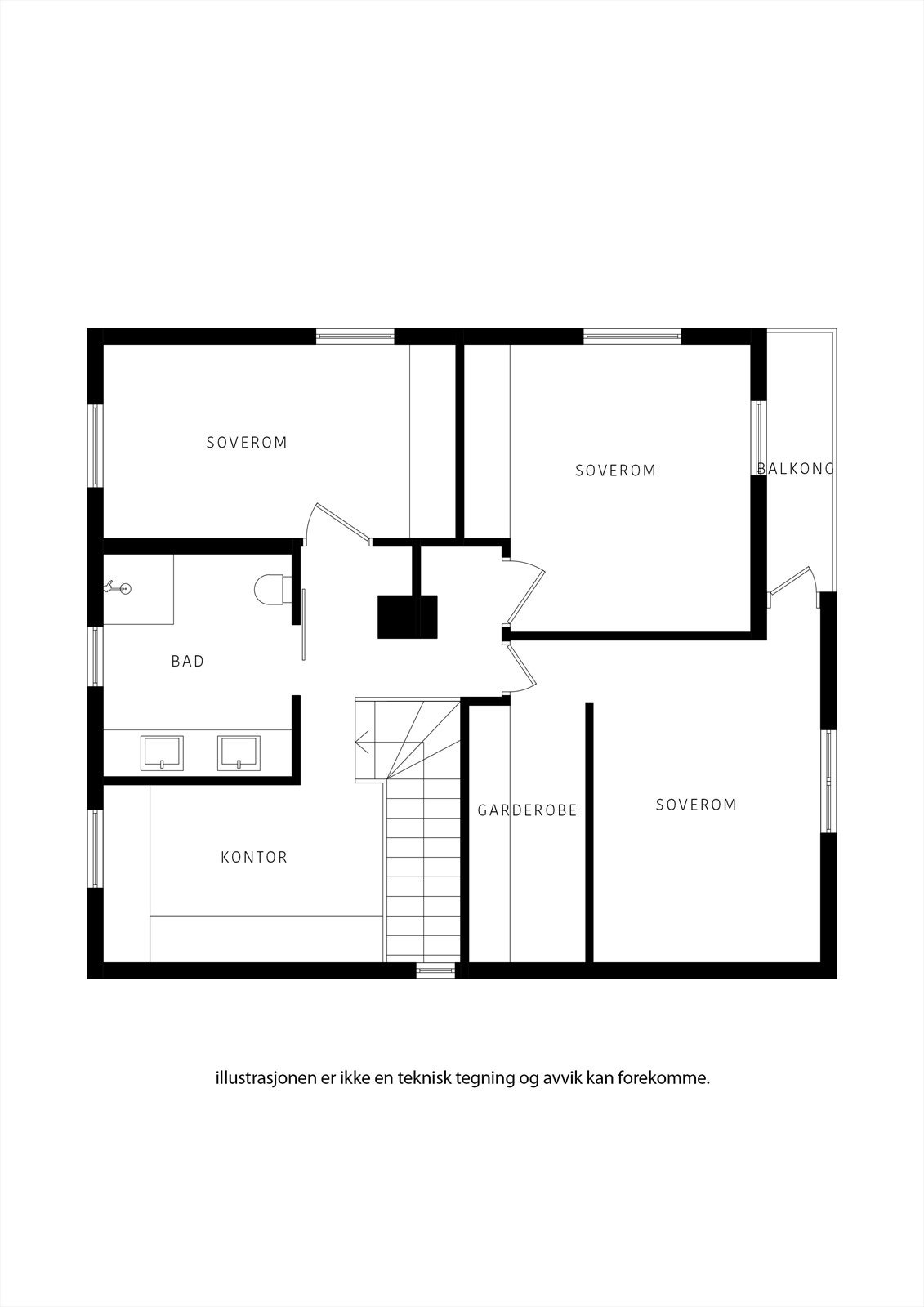 Oppe har du familiens etasje med 3, potensielt 4 soverom hvor det nå er kontorløsning for flere, og godt baderom. Galleribilde
