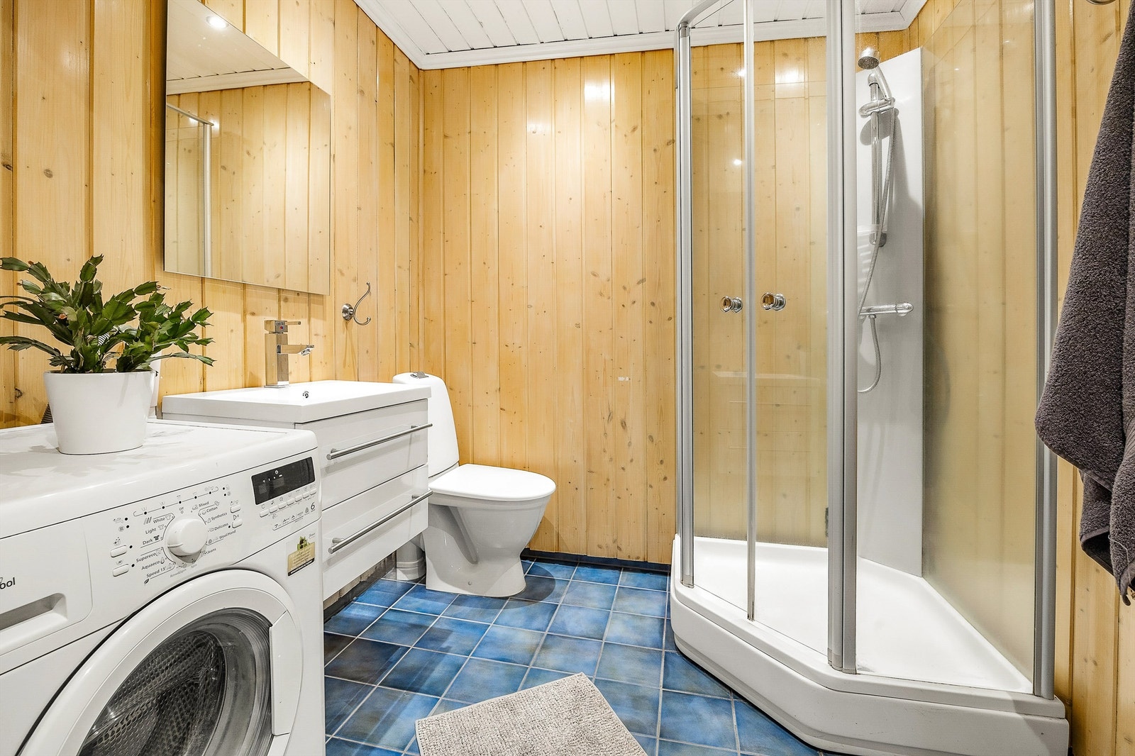 Badet har dusjkabinett og opplegg for vaskemaskin Galleribilde