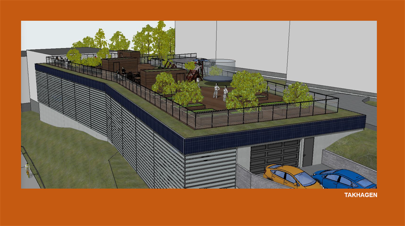 Det opplyses om at det nye garasjeanlegget vil få anlagt felles hage på taket, med lekeplass, bordtennisbord, grillplass og flere uteplasser Galleribilde