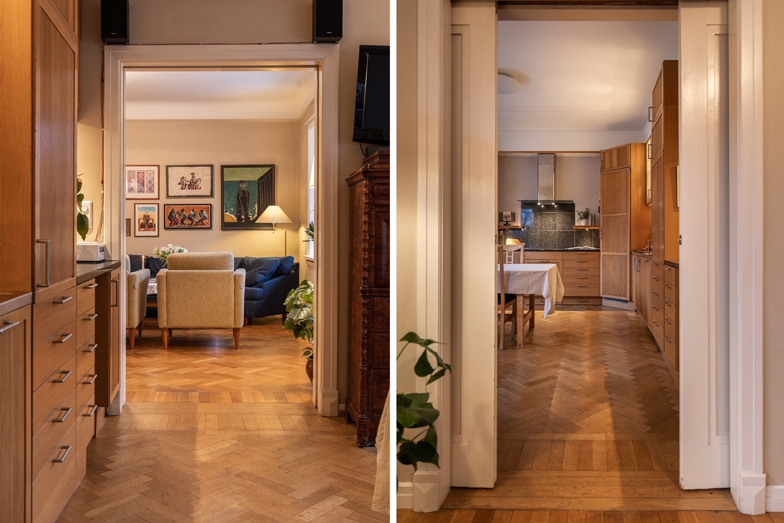 Original skyvedører mellom stue og kjøkken. Galleribilde