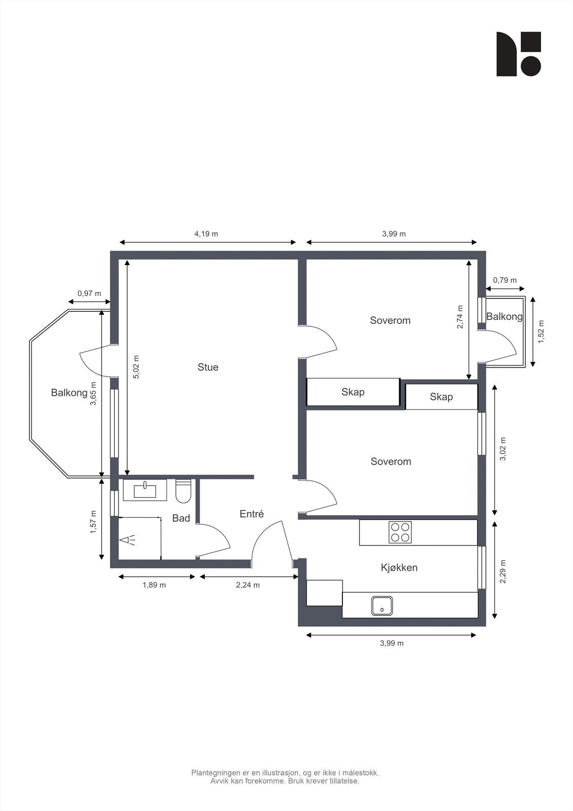 Boligen har en god og arealeffektiv planløsning med romslig stue, to soverom, bad, kjøkken og entré Galleribilde