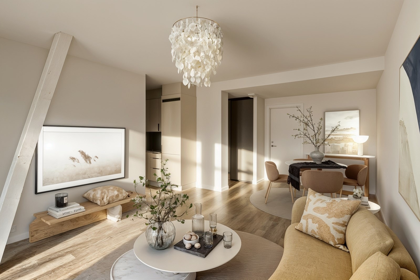 Praktisk og velfungerende åpen løsning mellom stue og kjøkken. (Digitalt stylet bilde) Galleribilde