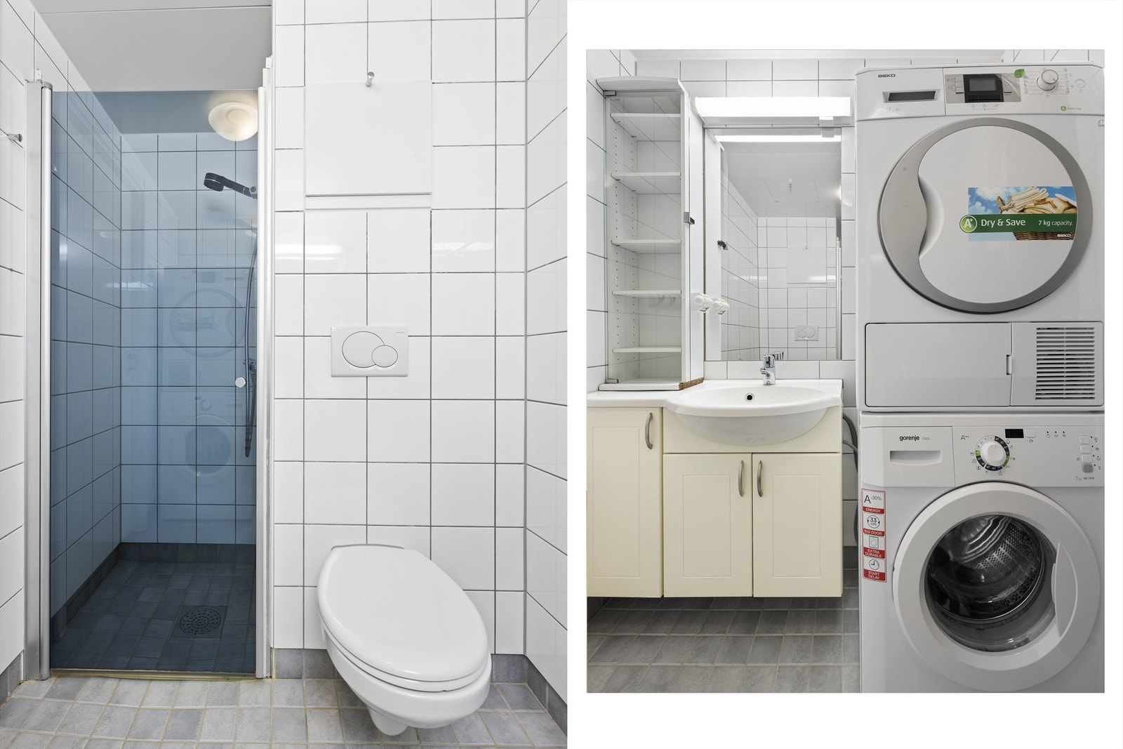 Romslig og flislagt bad med gulvvarme. Badet består av dusjnisje med glassdør, vegghengt toalett, heldekkendeservant oppå vegghengt servantskap og innmurt speil med lys over. Vaskemaskin og tørketrommel medfølger Galleribilde