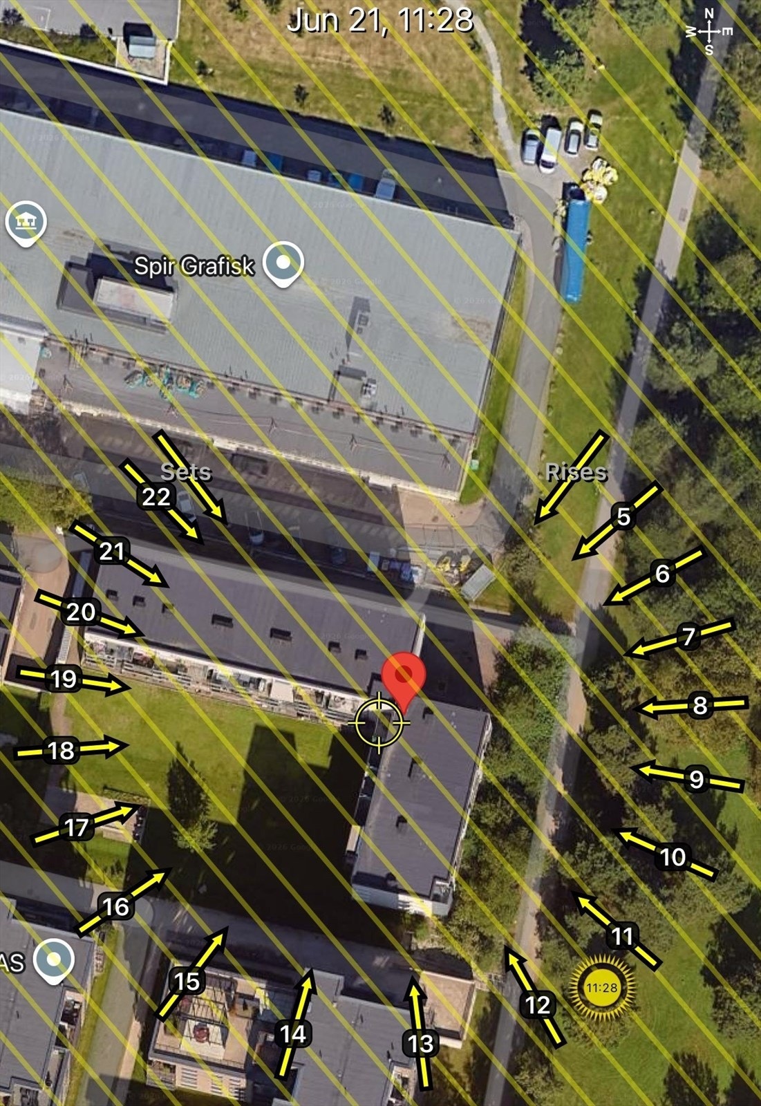 Solkart er kun ment som en illustrasjon over solforholdene midtsommers (21.6). Teknologien som brukes kan slå feil pga. kalibrering e.l. Solforhold må derfor også kontrolleres selv ved hjelp av kompass, kart eller egen app hvis dette er av betydning Galleribilde