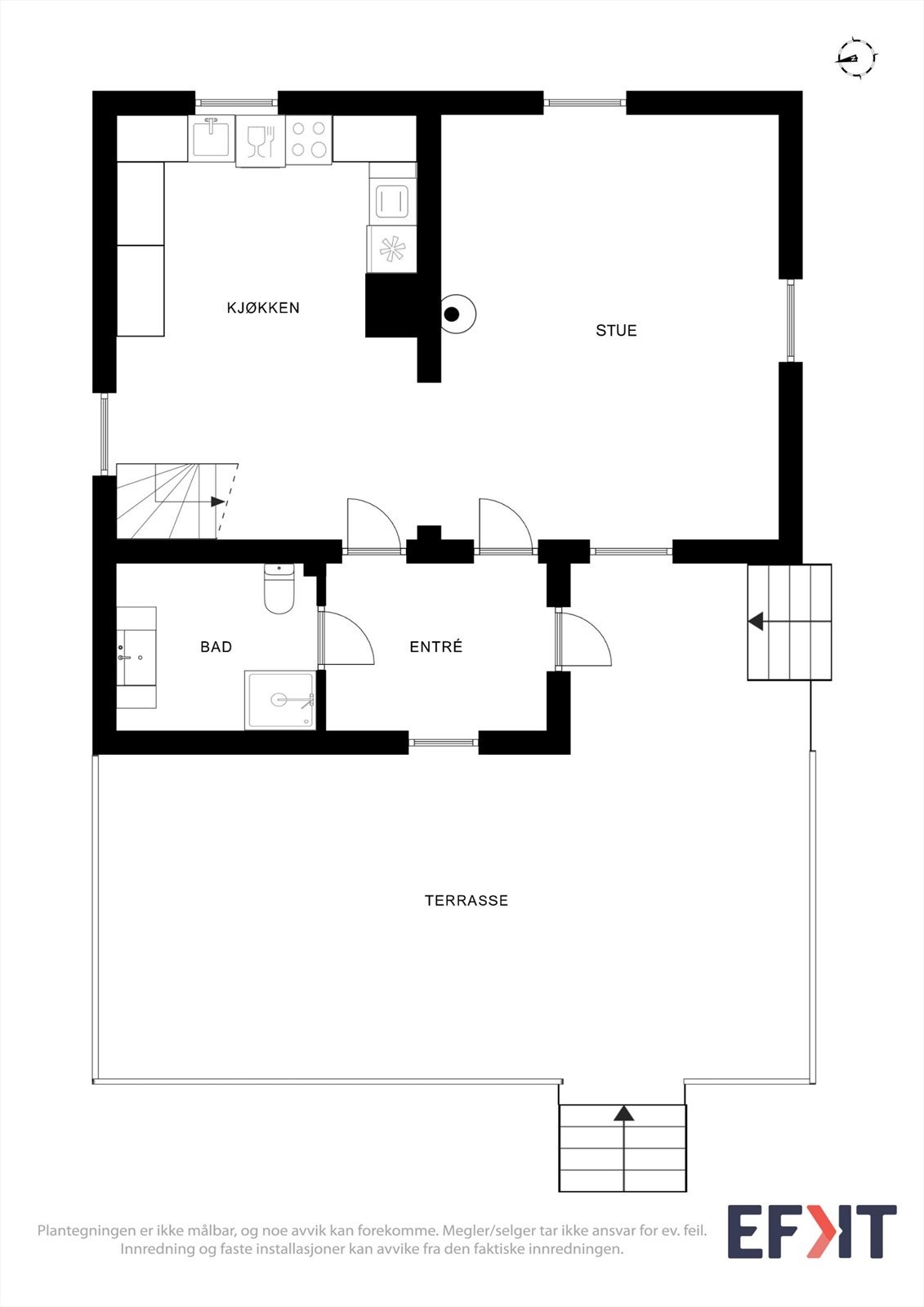 Første etasje har en praktisk planløsning med entré, bad og åpen stue- og kjøkkenløsning. Galleribilde