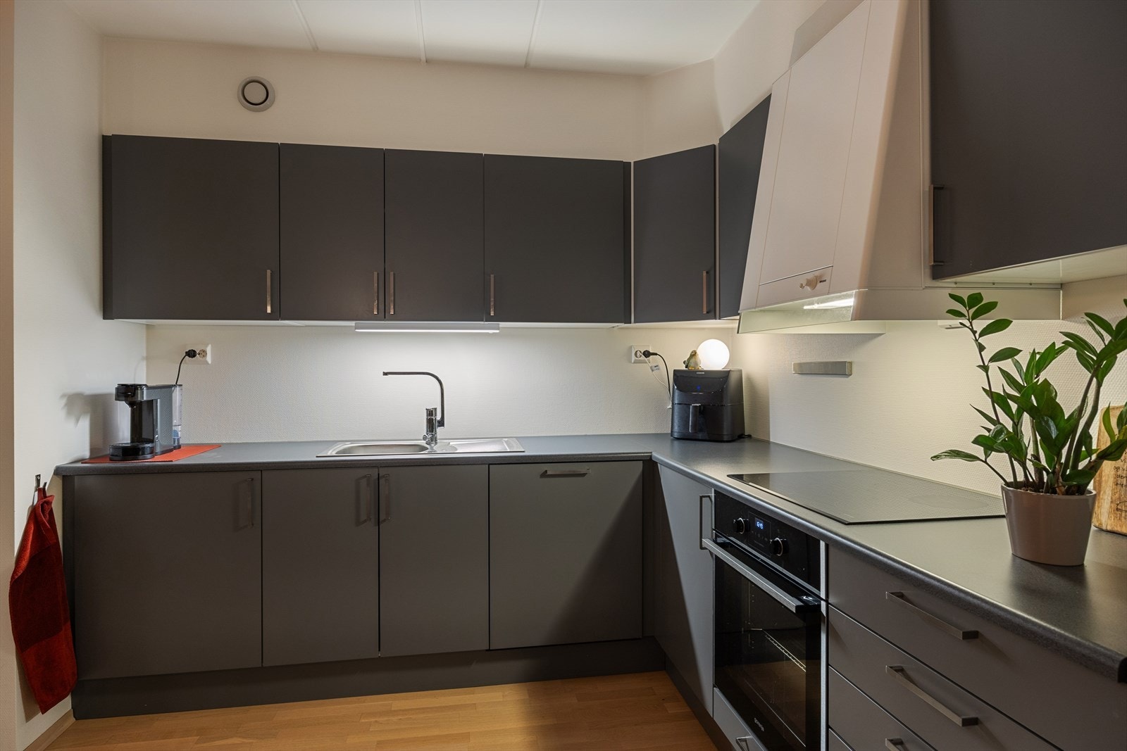 Delikat kjøkken med glatte fronter og en laminert benkeplate med oppvaskkum. Kjøkkenet er utstyrt med kjøl/fryseskap, oppvaskmaskin, platetopp og stekeovn. Galleribilde