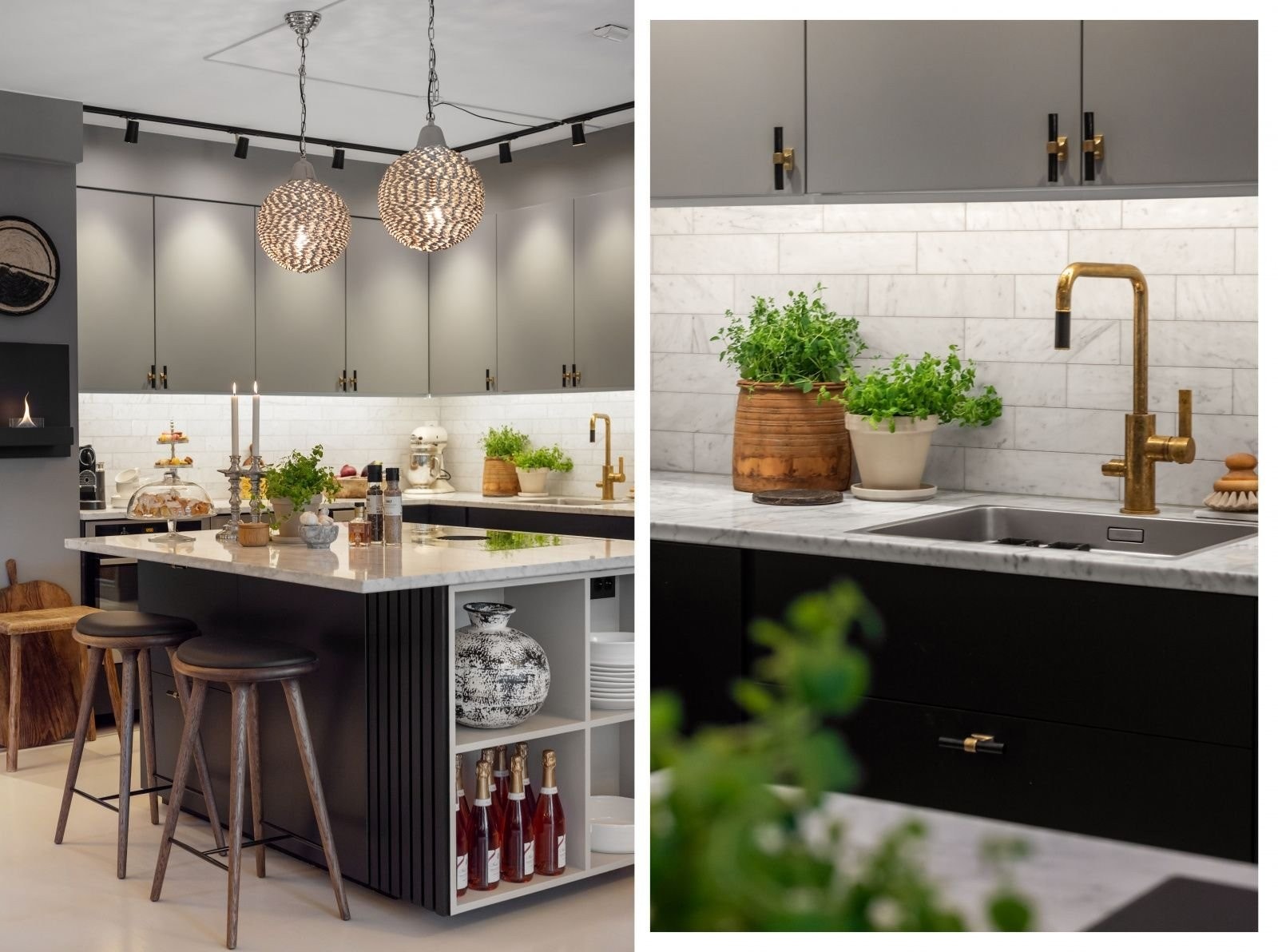 Kjøkkenet har rikelig med oppbevaring. Integrerte hvitevarer, utenom stor kjøl- og fryseskap. Kjøkken har Bora platetopp med integrert ventilator. Alle benkeplater er ekte marmor. Det er også marmorfliser på vegg mellom over- og underskap Galleribilde