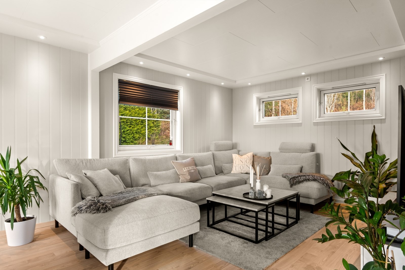 Stuen rommer i dag en stor sofa for hele gjengen - her er det bare å rigge seg til med popcorn og kose seg med serier og filmer! Galleribilde