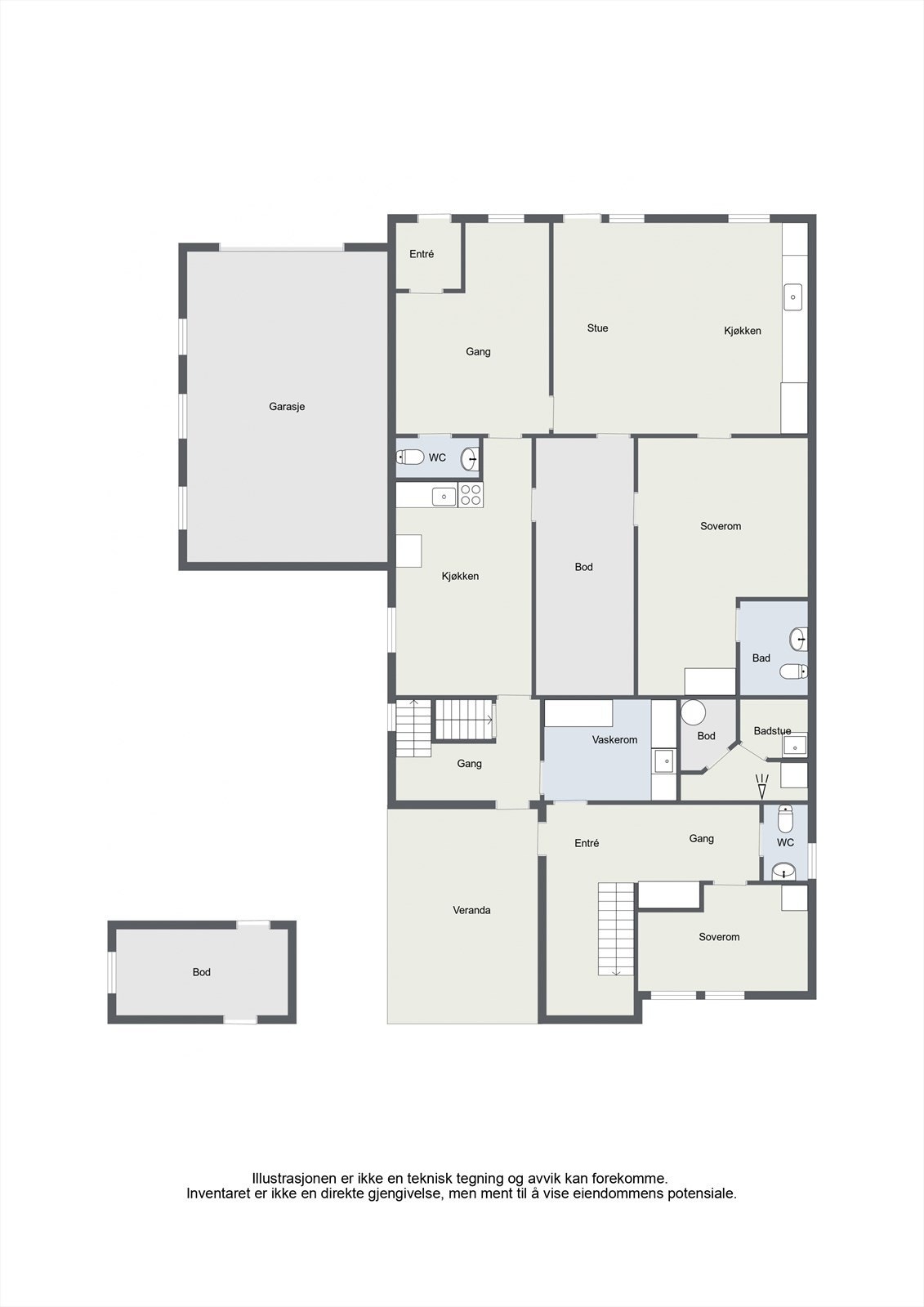 Første etasje er delt i en praktisk boligdel og en romslig næringsdel med flere bruksmuligheter. Galleribilde