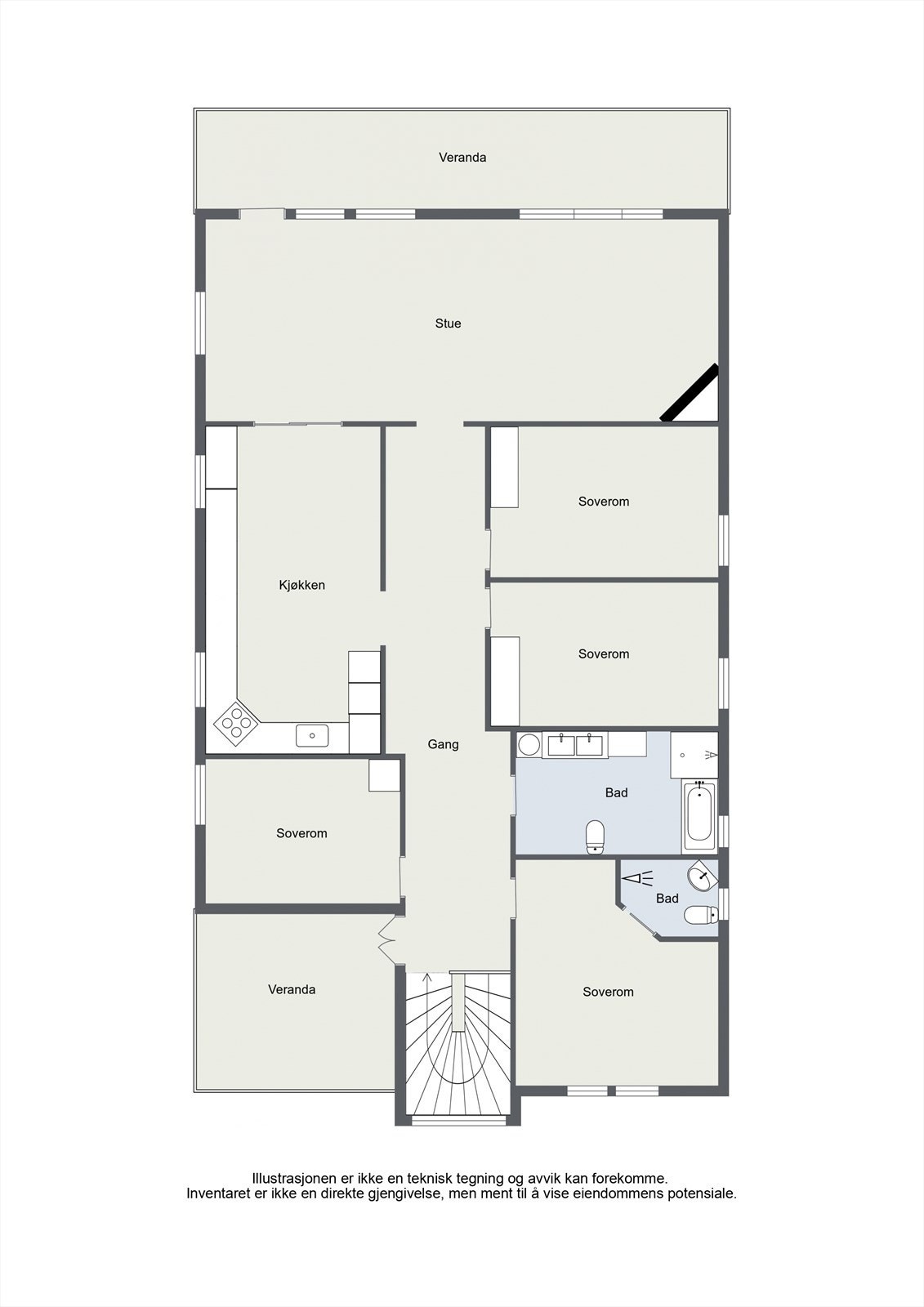 Andre etasje utgjør hovedboligen med en romslig stue, kjøkken, fire soverom og to bad. Galleribilde