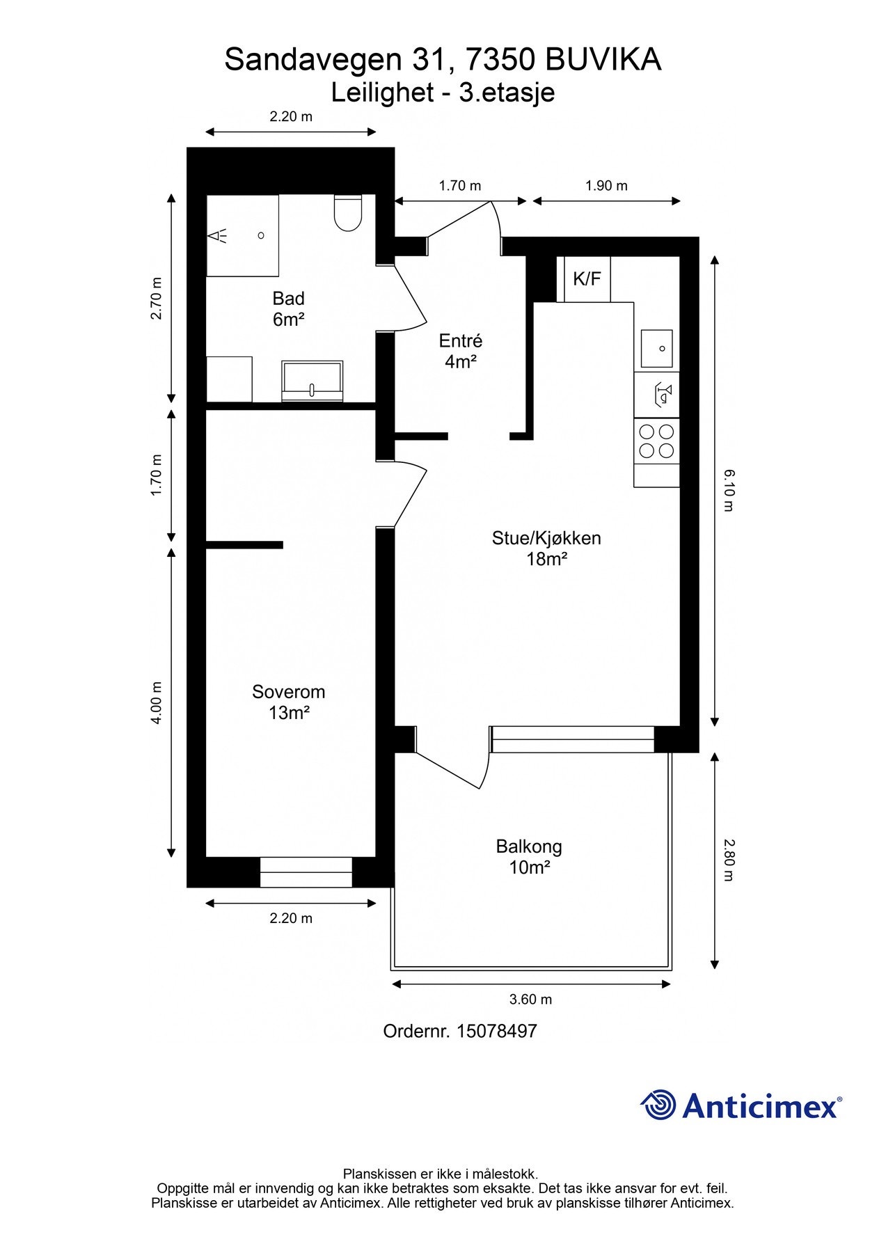 Plantegning 3. etasje.Adkomst til leiligheten er via trappoppgang og heis. Leiligheten har en egen oppvarmet bod på 2,9 m² i 1. etg. Galleribilde