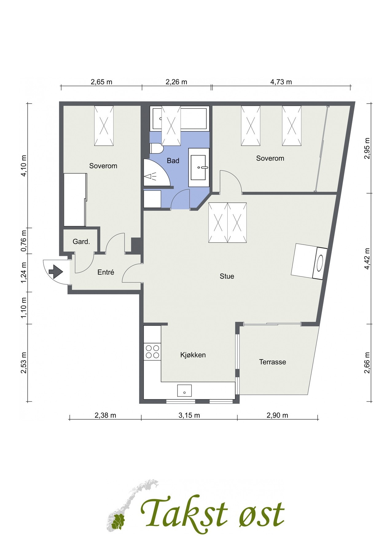 Plantegning. I tillegg har boligen en hems med gulvareal(GUA) på ca. 10 kvm. Leiligheten disponerer også en kjellerbod med 7,5 kvm GUA og en loftsbod med 6,3 kvm GUA. Galleribilde