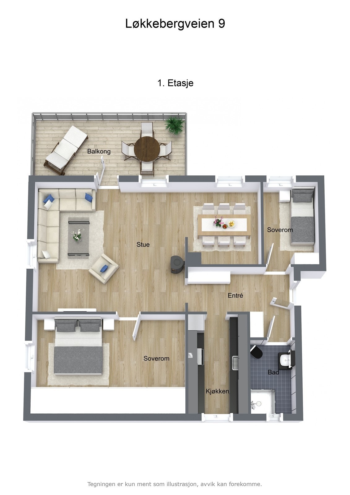 Plantegningen viser en 1. etasje med stue, kjøkken, entré, bad og to soverom. Utgang til balkong fra stuen gir ekstra romfølelse. Galleribilde