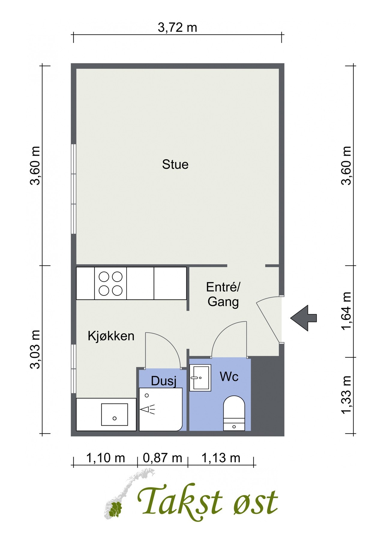 Plantegning. I tillegg disponerer leiligheten en kjellerbod på 4,3 kvm. Galleribilde