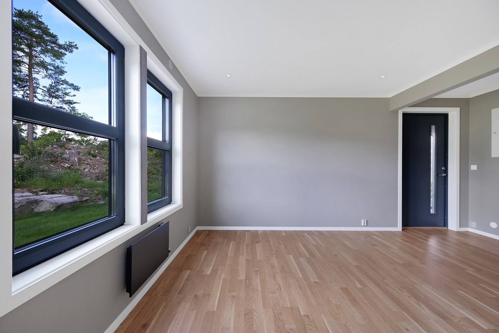 Stuen har spotter i taket og en egen utgang til uteplassen på bakkeplan. Galleribilde