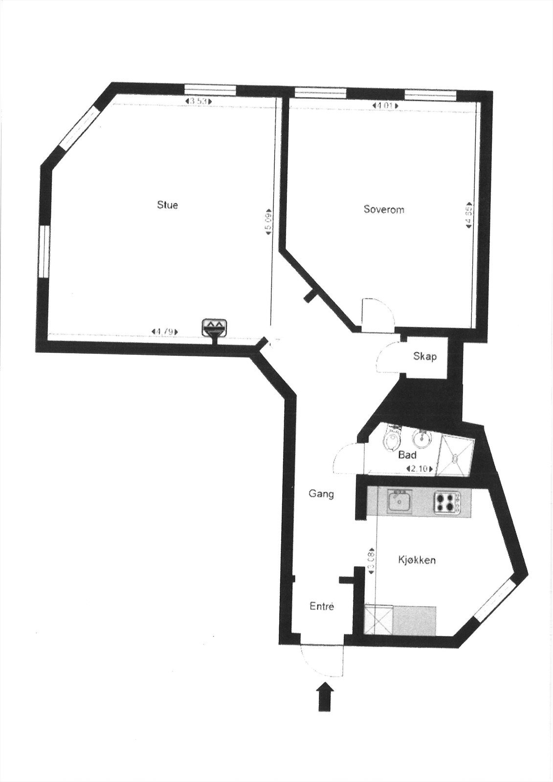 Leiligheten med 1 soverom, lettvegg er fjernet som deler opp de 2 soverommene pr.dd Galleribilde