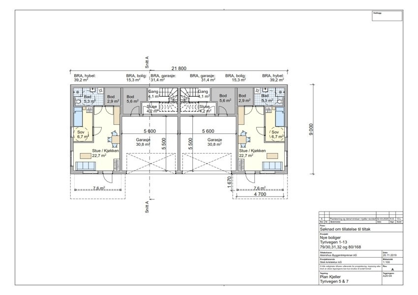 Byggetegning av kjelleretasje for Tyrivegen 5 og 7. Galleribilde