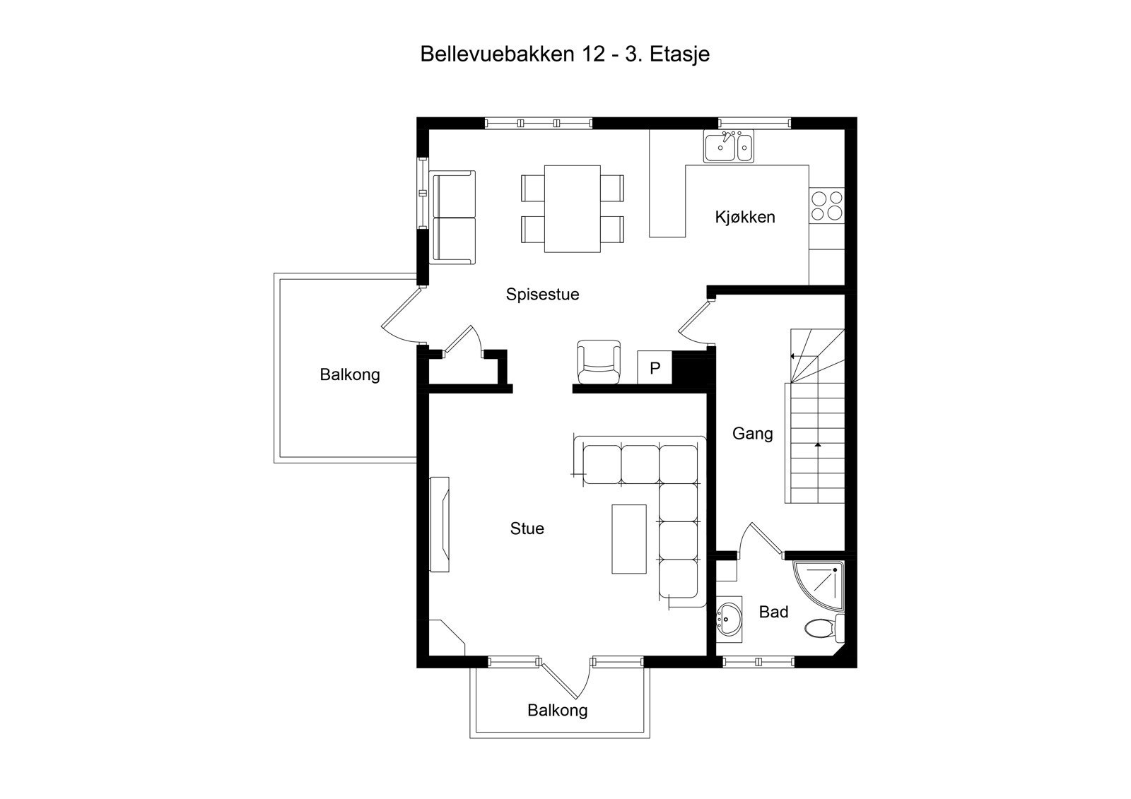 Plantegning tredje plan. Bildene som følger er eksklusivt fra denne etasjen. 3 og 4 plan er i dag utleid for kr 13 000 pr mnd. (14.000 fra 01.01.2026) Galleribilde