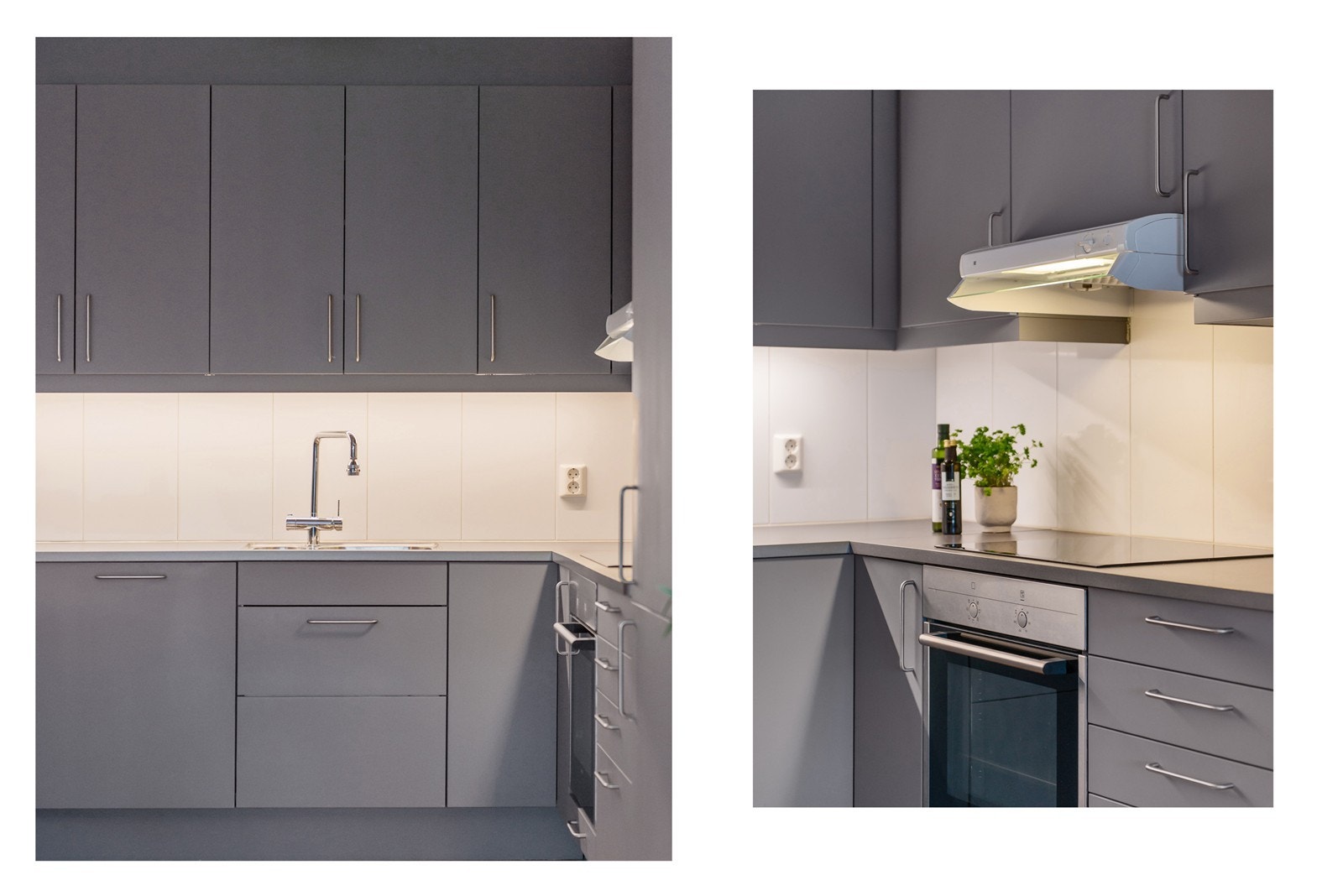 Et stilrent kjøkken med god skapplass. Galleribilde